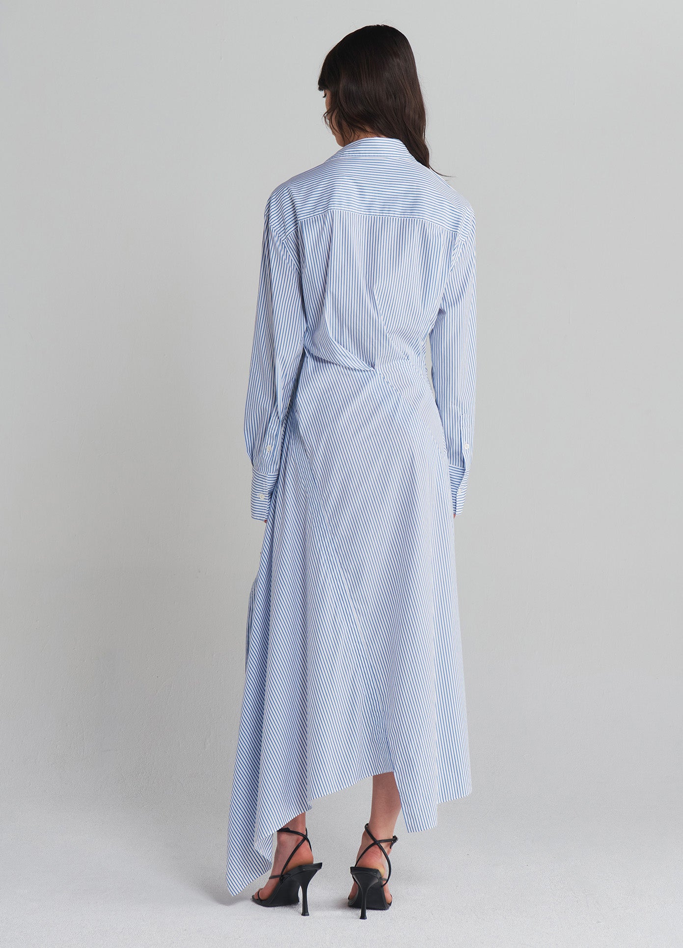 MONSE Cascade Shirt Dress in Ivory and Navy on model full back view