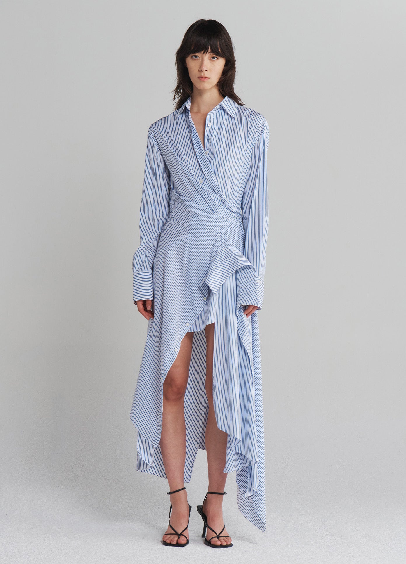 MONSE Cascade Shirt Dress in Ivory and Navy on model full front view