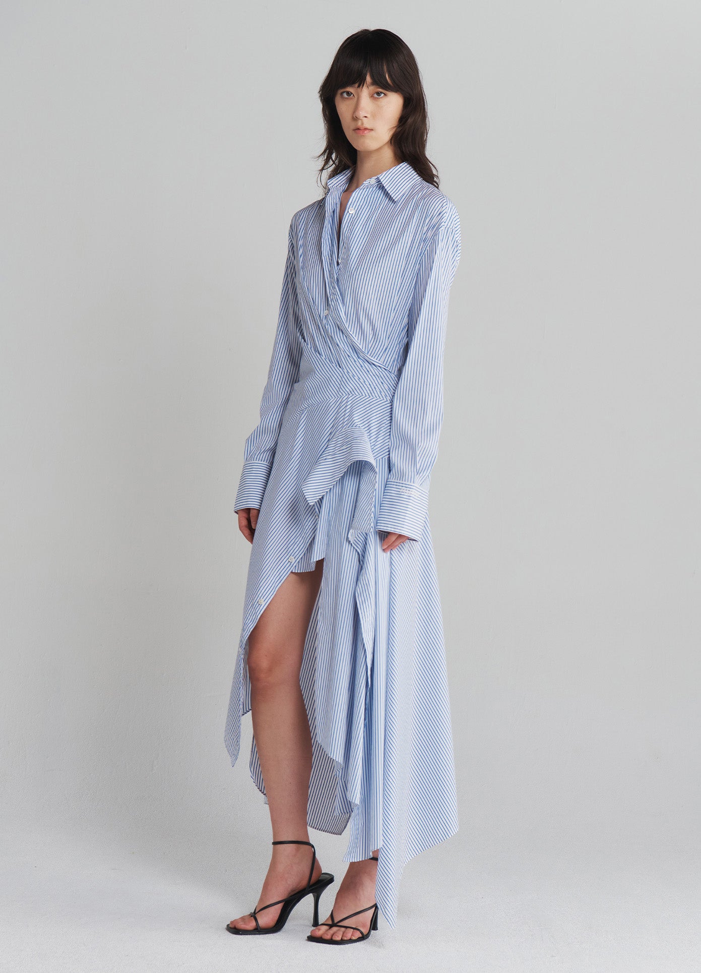 MONSE Cascade Shirt Dress in Ivory and Navy on model full side view