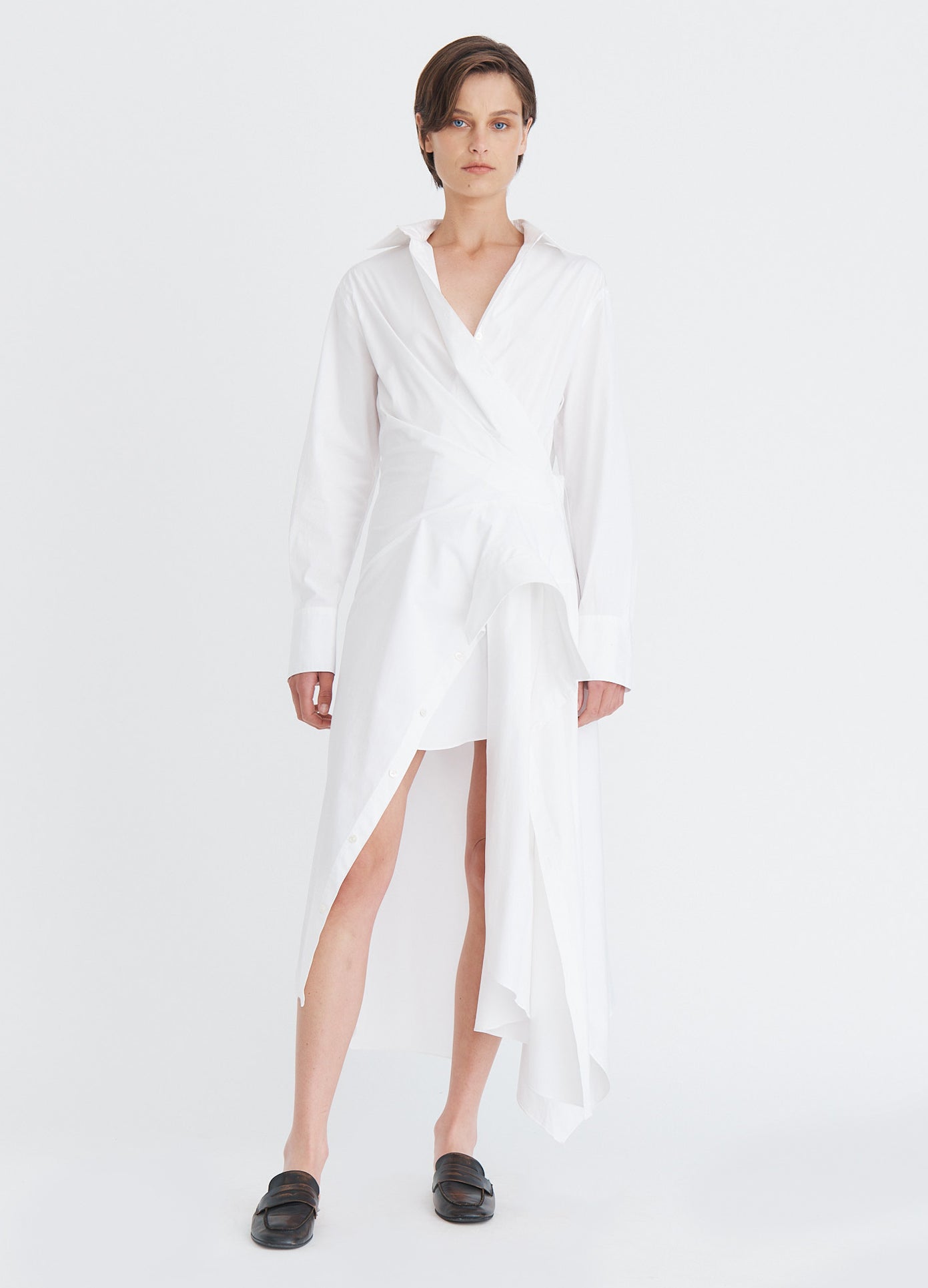 MONSE Cascade Shirt Dress in white on model full front view