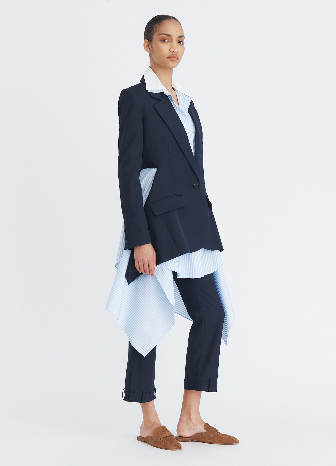 MONSE Cascade Slashed Tailored Jacket in navy on model full side view