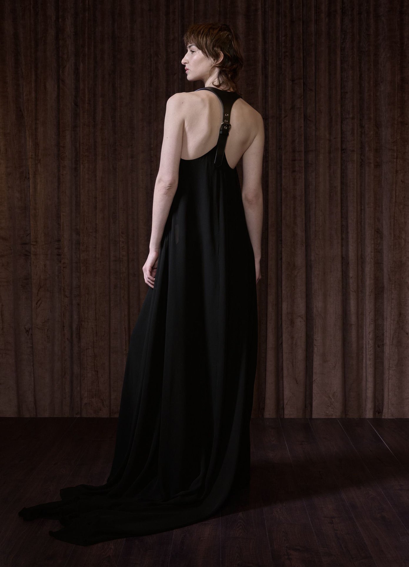 MONSE Chiffon Maxi Dress in black on model full back view