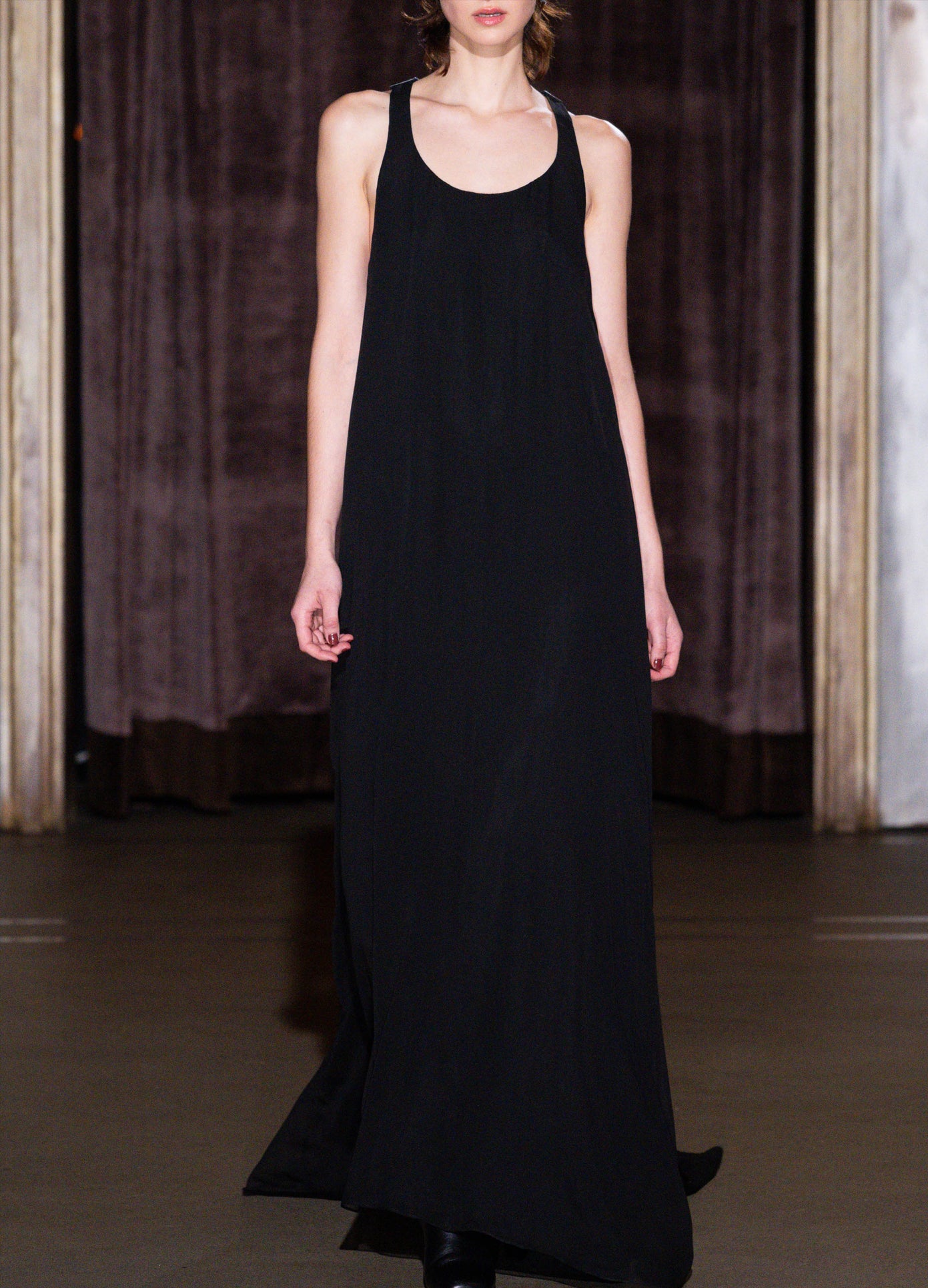 MONSE Chiffon Maxi Dress in black on model walking runway
