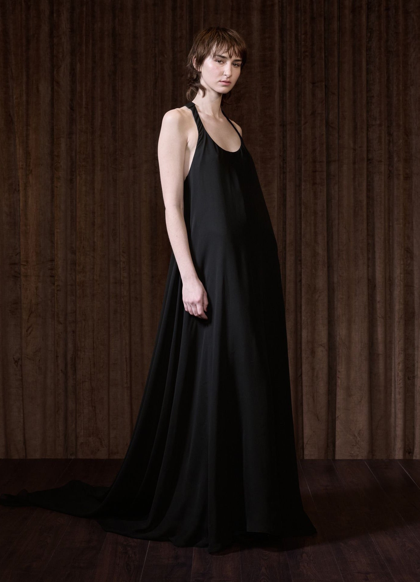 MONSE Chiffon Maxi Dress in black on runway model side view