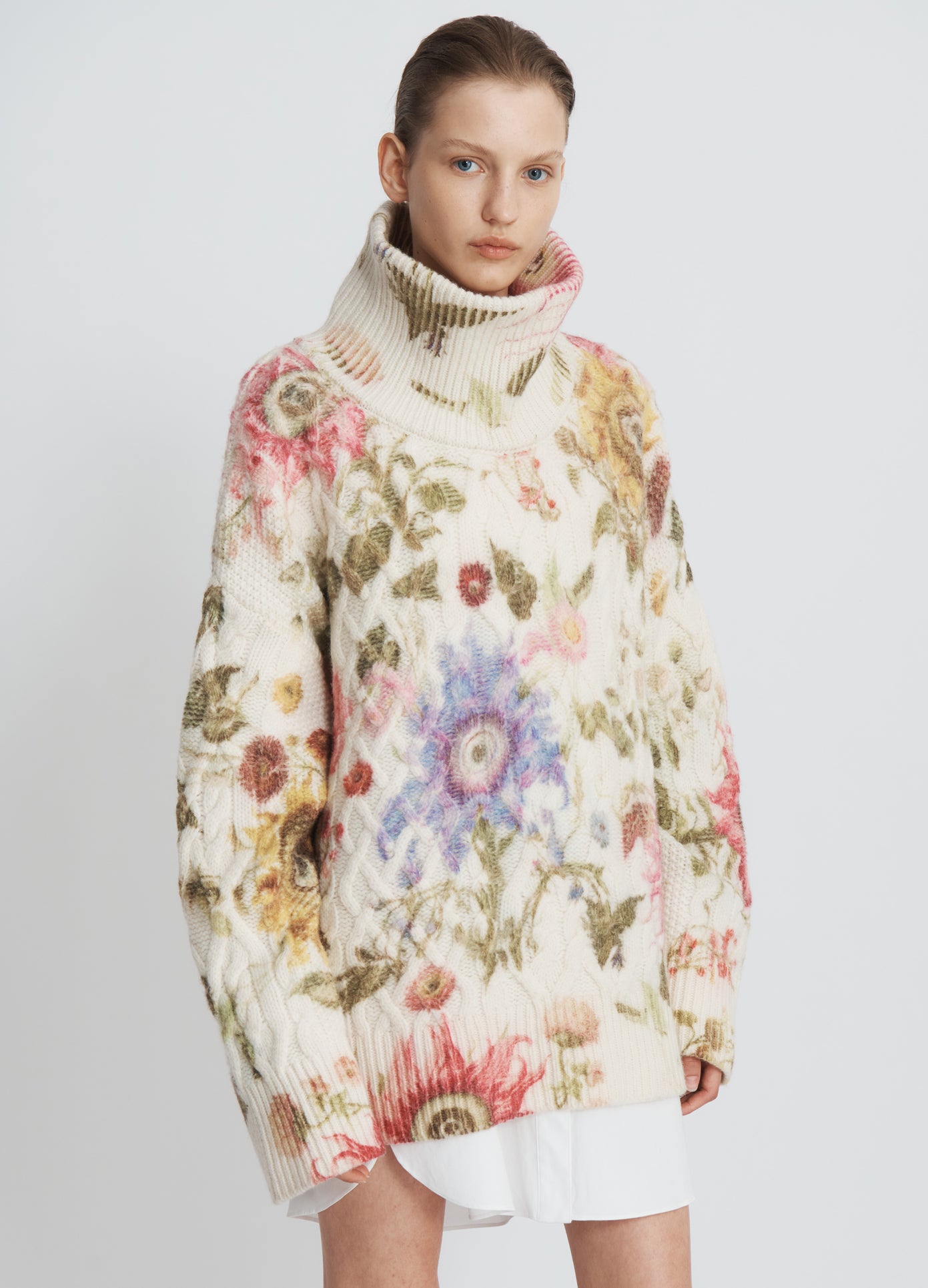 MONSE Chunky Floral Sweater in multi colors on model front view