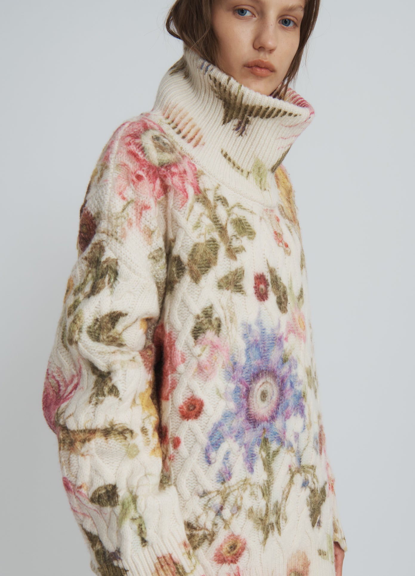 MONSE Chunky Floral Sweater in multi colors on model side view