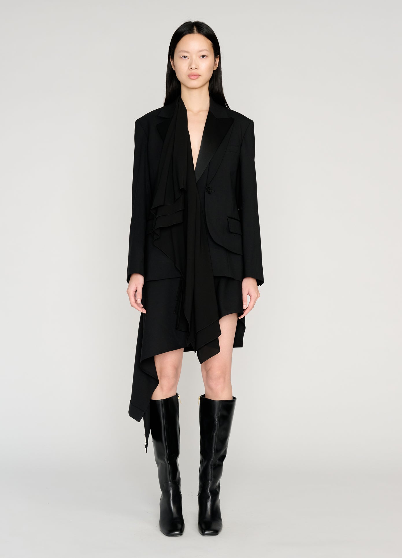 MONSE Combo Cascade Tailored Jacket in black on model full front view