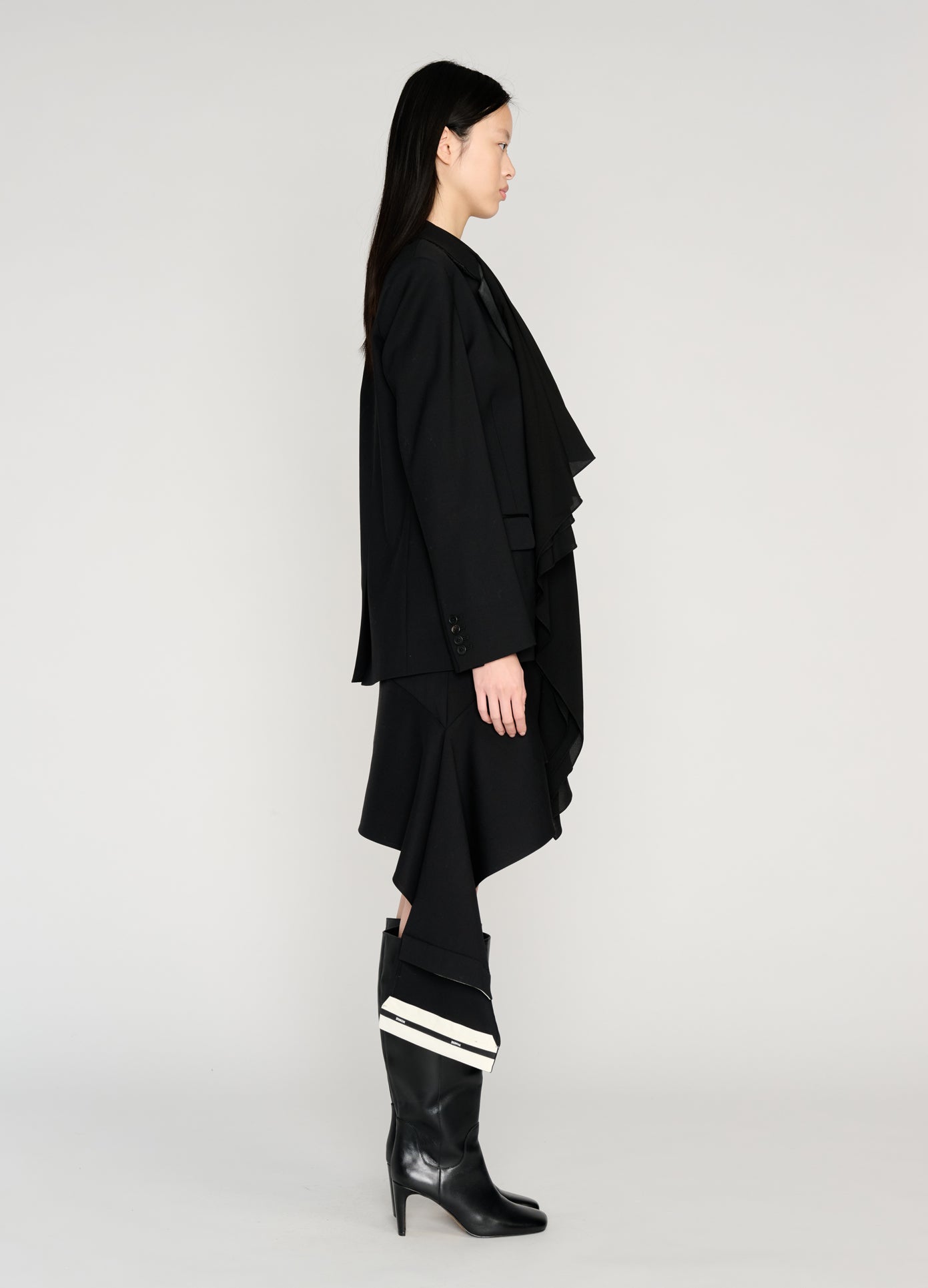 MONSE Combo Cascade Tailored Jacket in black on model full side view