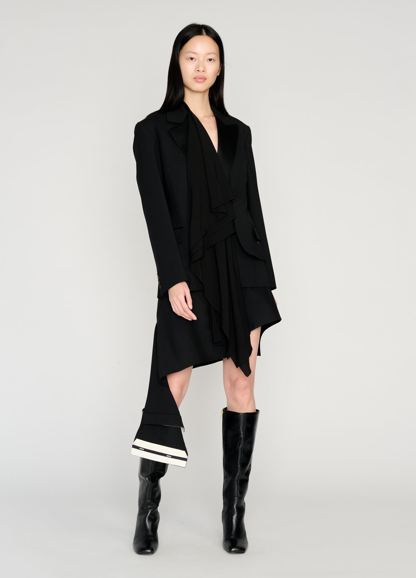 MONSE Combo Cascade Tailored Jacket in black on model style full front view