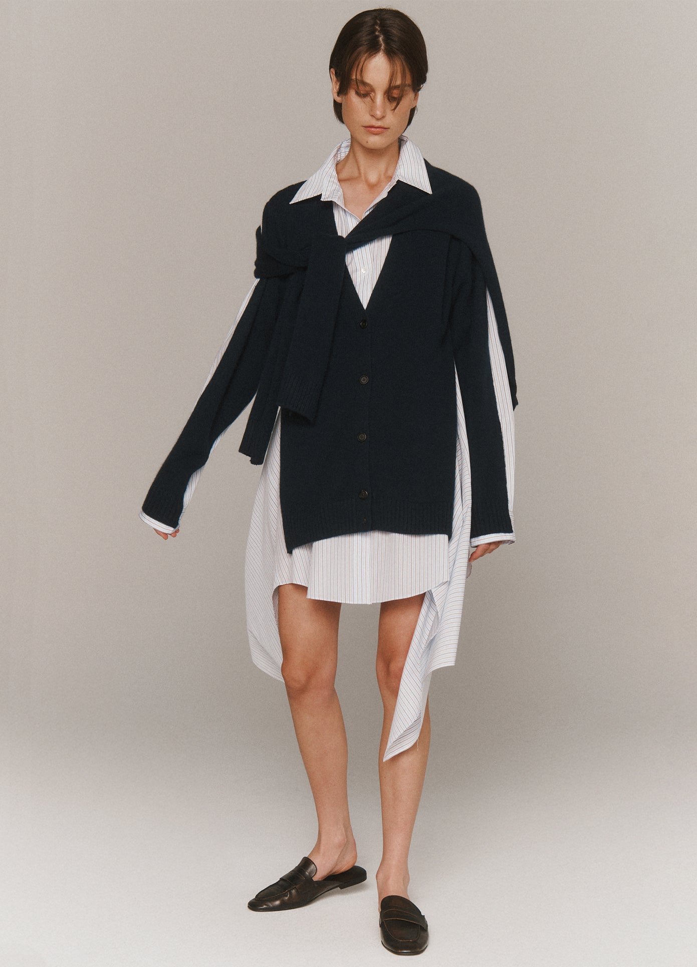 MONSE Combo Knit Cascade Shirt Dress in navy on model lookbook image