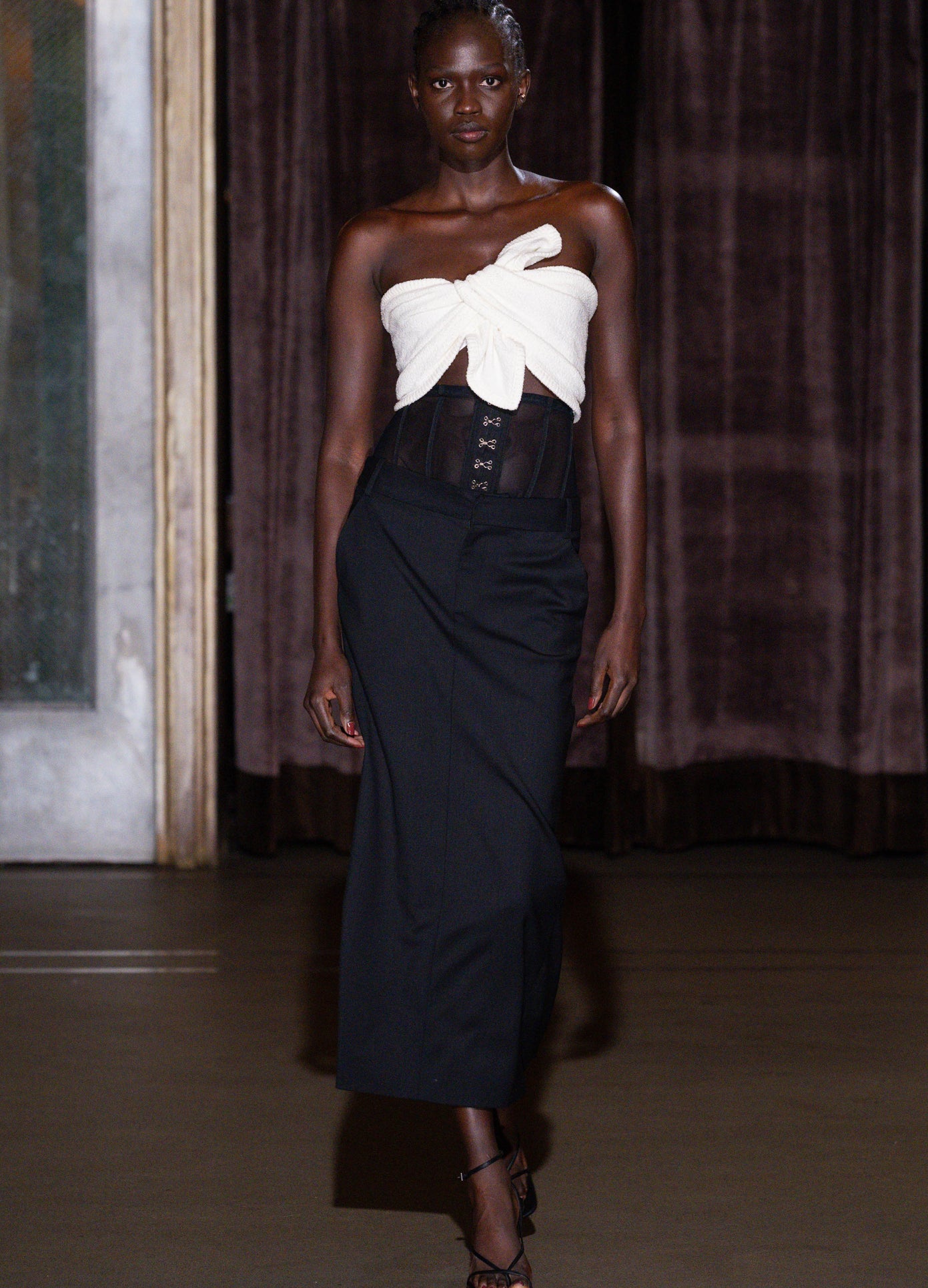 MONSE Corset Pencil Skirt on runway model walking show full front view