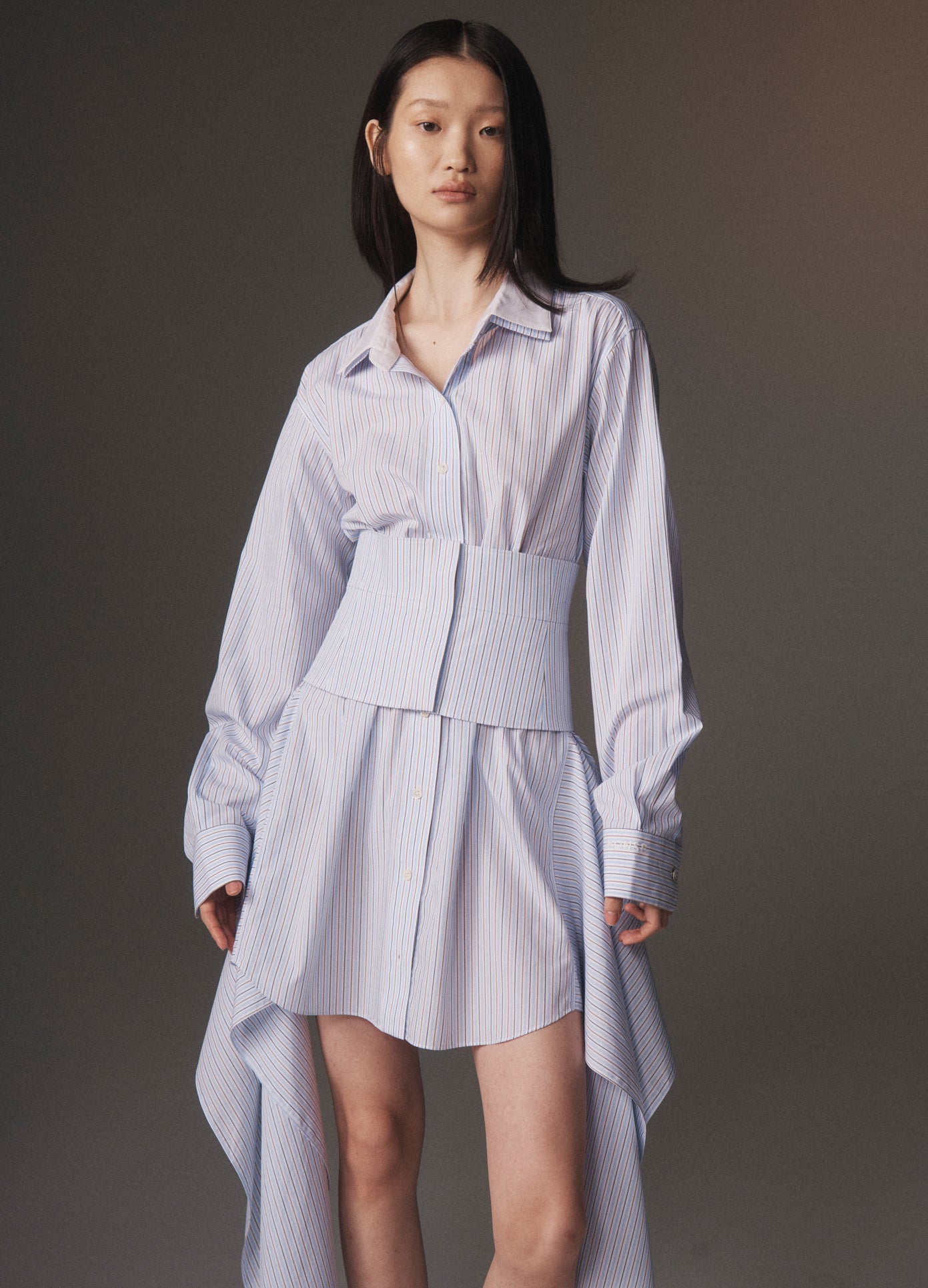 MONSE Corsetted Shirt Dress in blue multi on model lookbook image