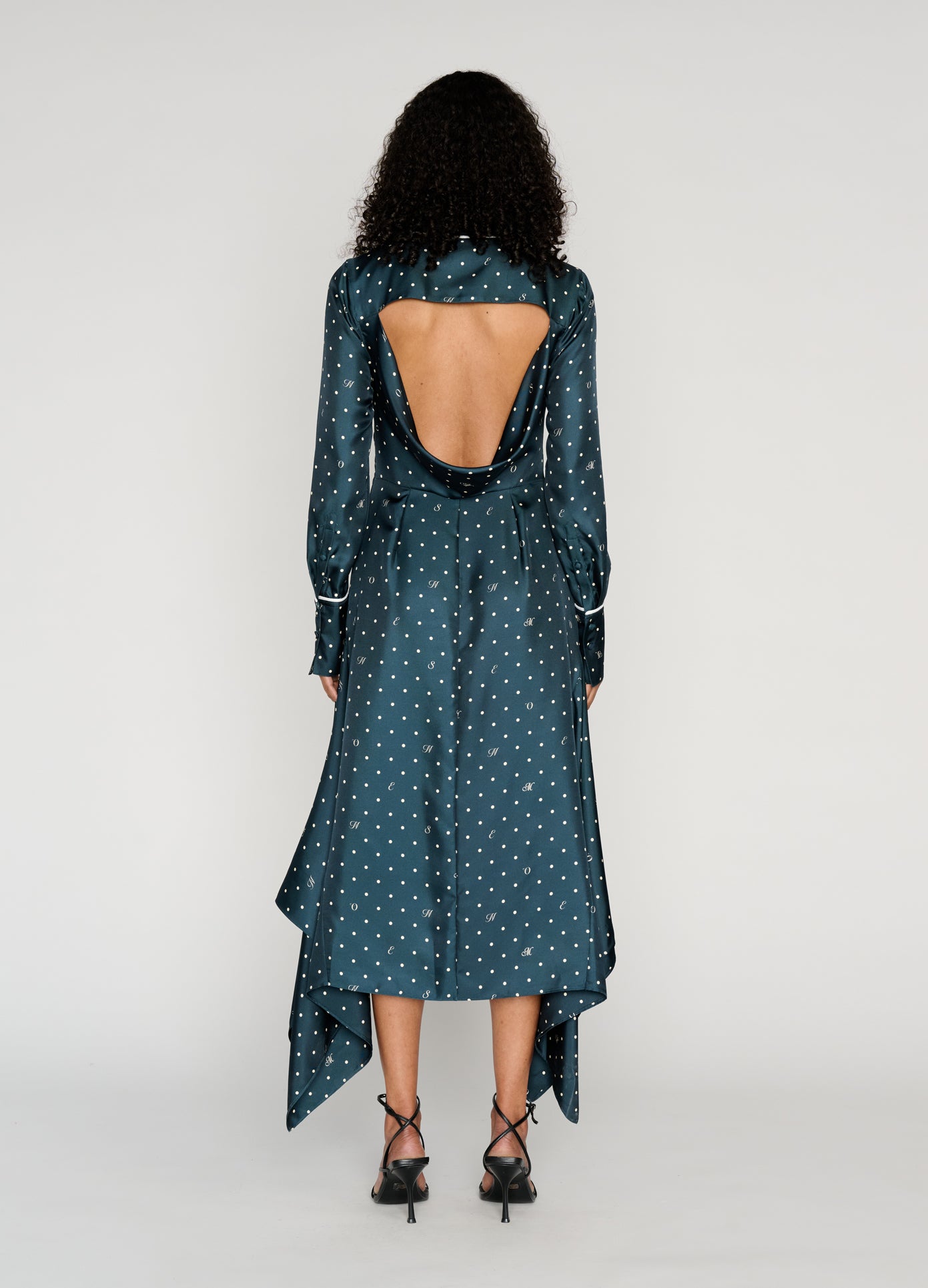 MONSE Cowl Back Pajama Midi Dress in midnight on model full back view