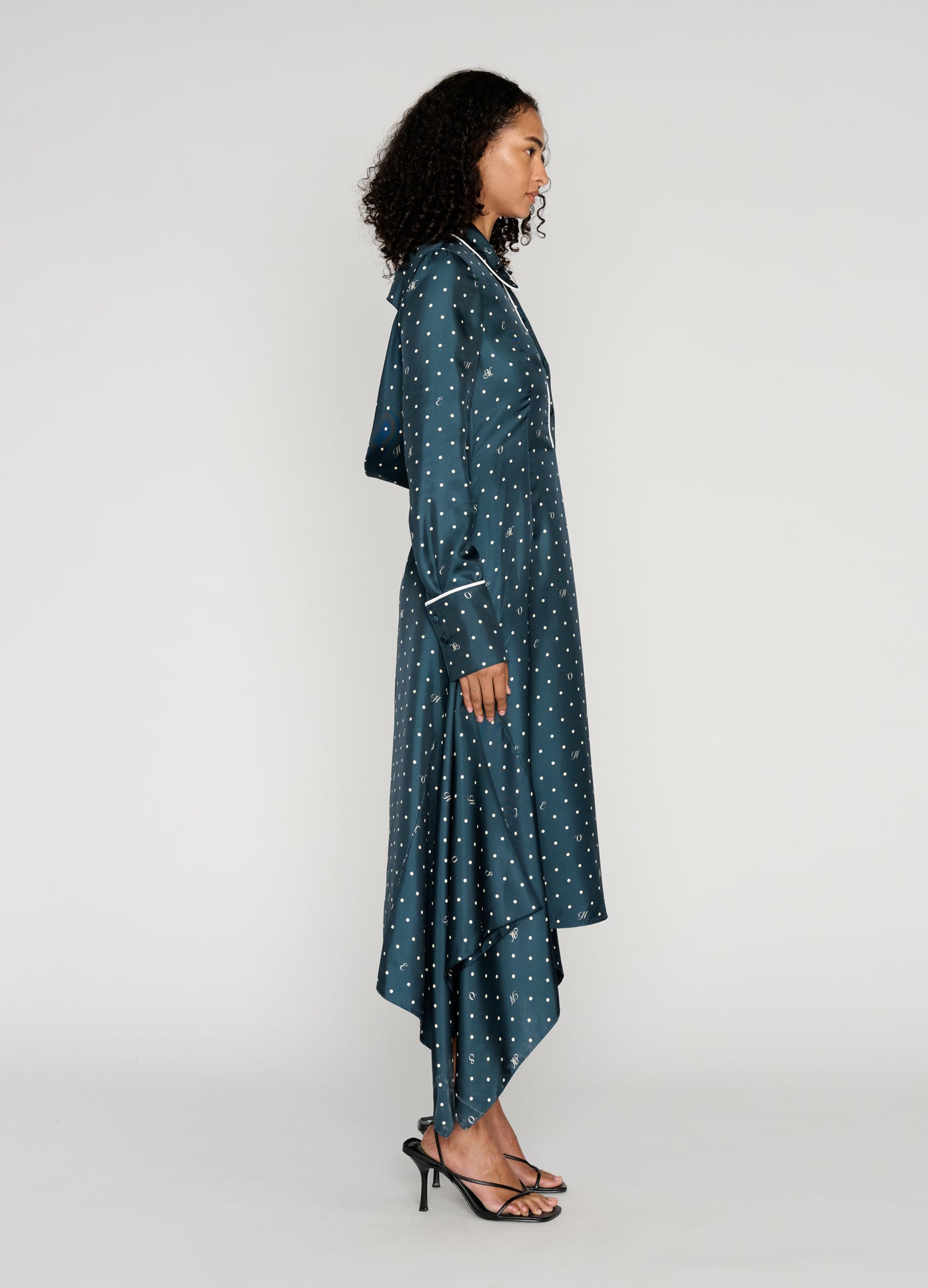 MONSE Cowl Back Pajama Midi Dress in midnight on model full side view