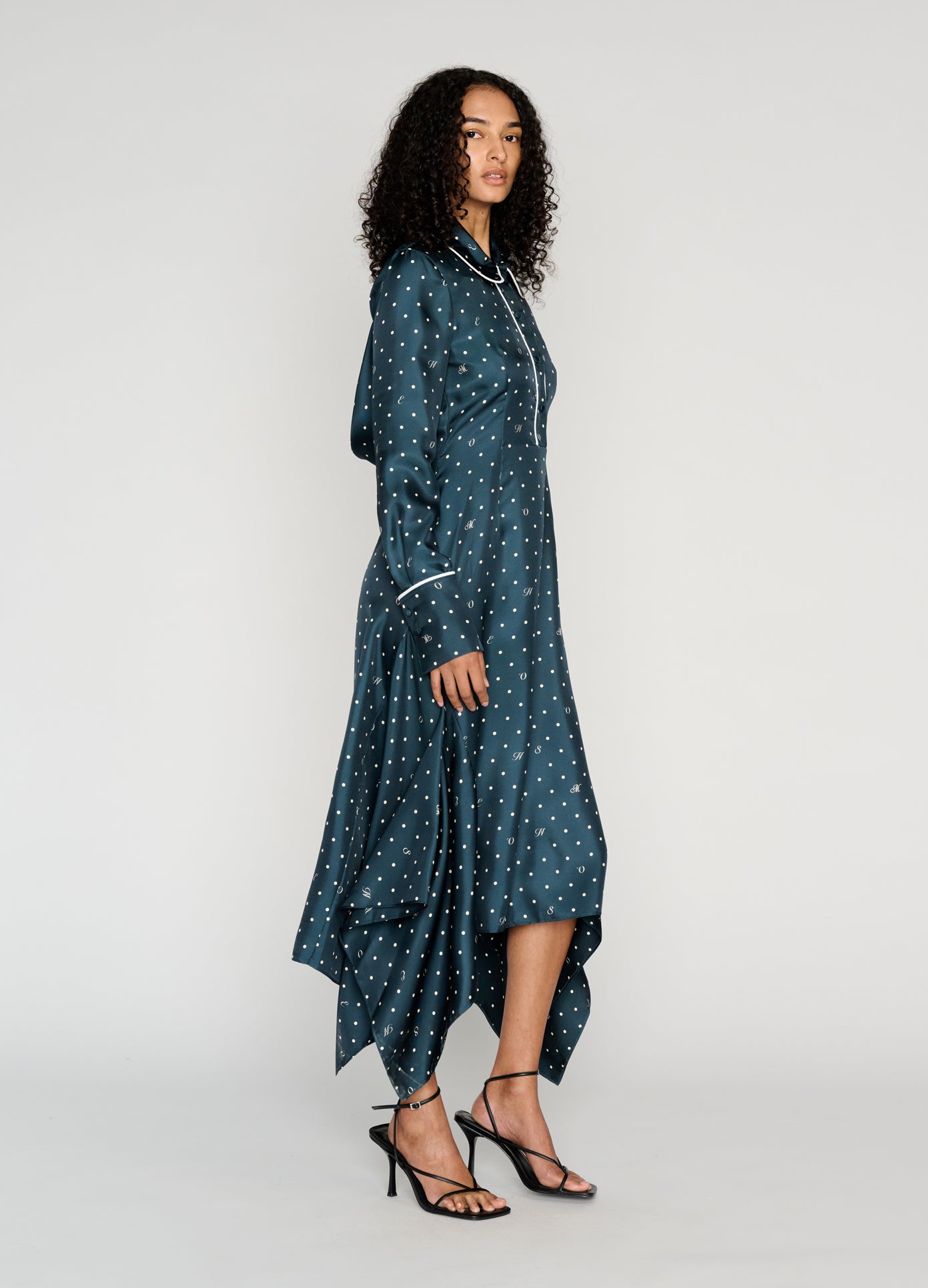MONSE Cowl Back Pajama Midi Dress in midnight on model style full front view