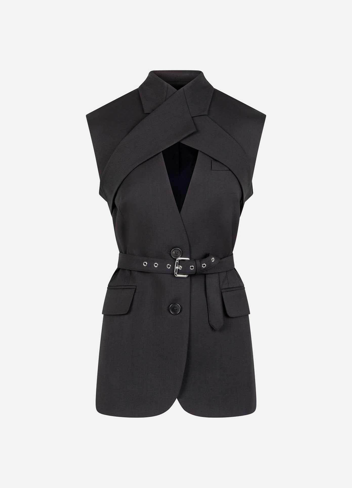MONSE Criss Cross Belt Tailored Vest in black flat front image