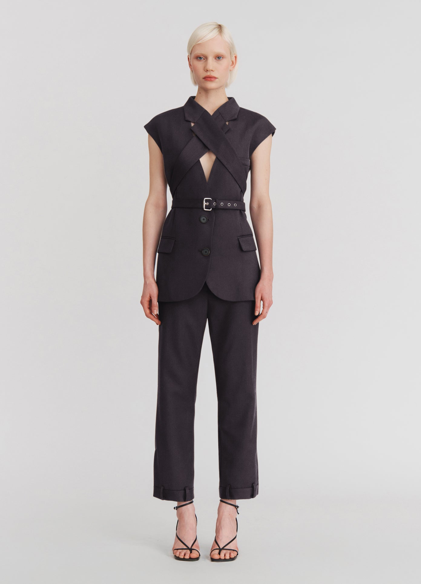MONSE Criss Cross Belt Tailored Vest in Black on model full front view