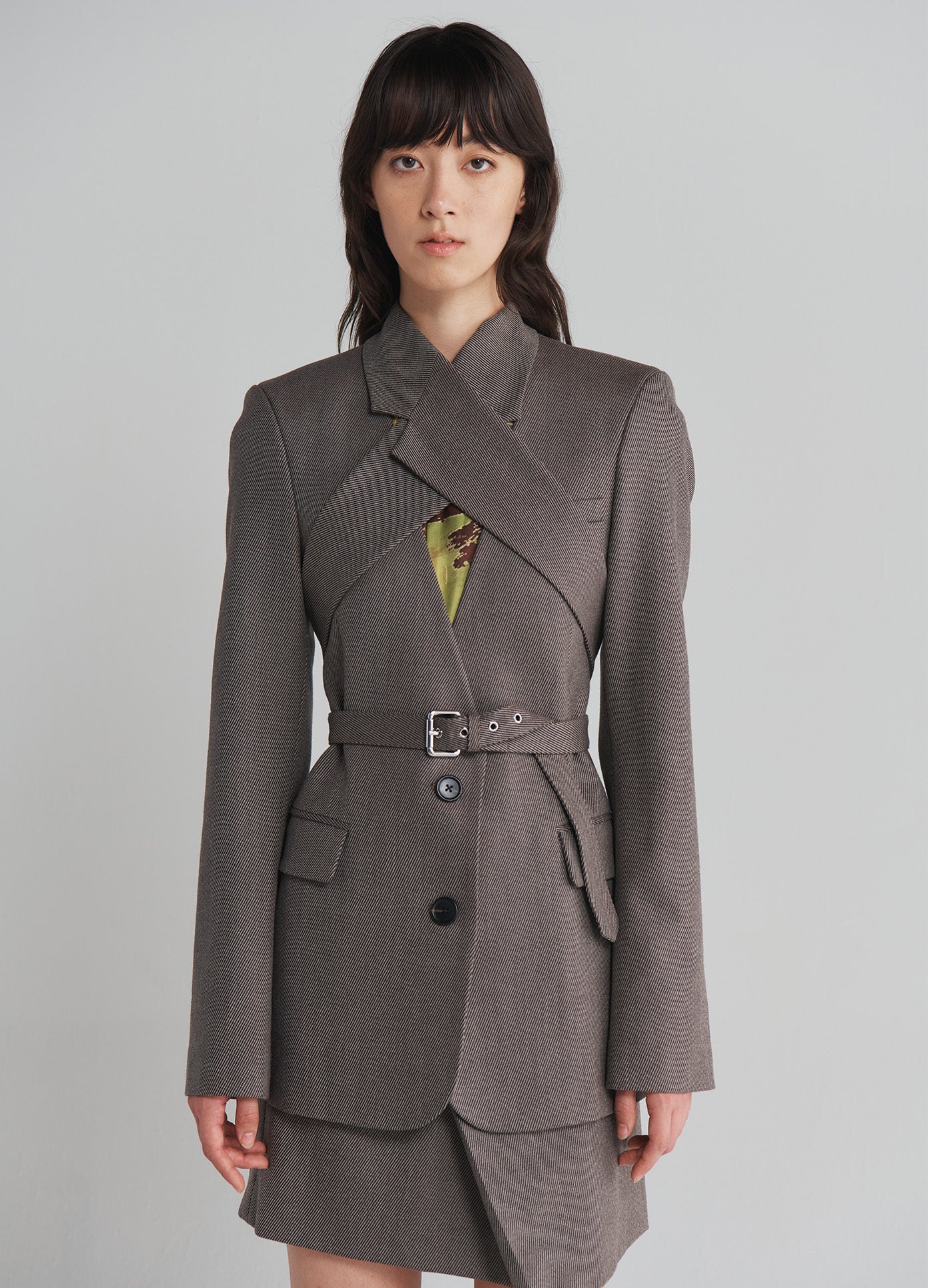 MONSE Criss Cross Front Jacket in Taupe on model front view