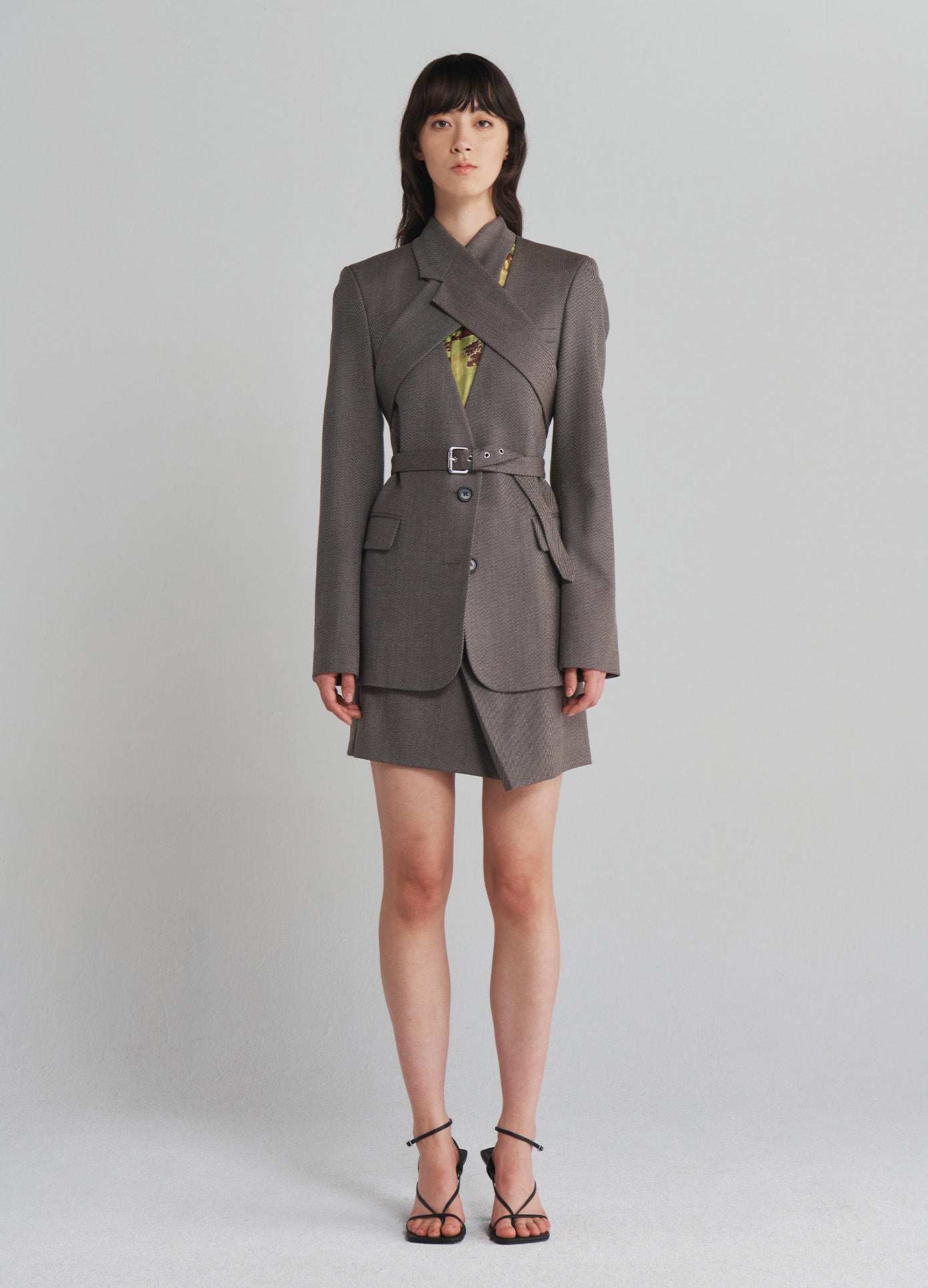 MONSE Criss Cross Front Jacket in Taupe on model full front view