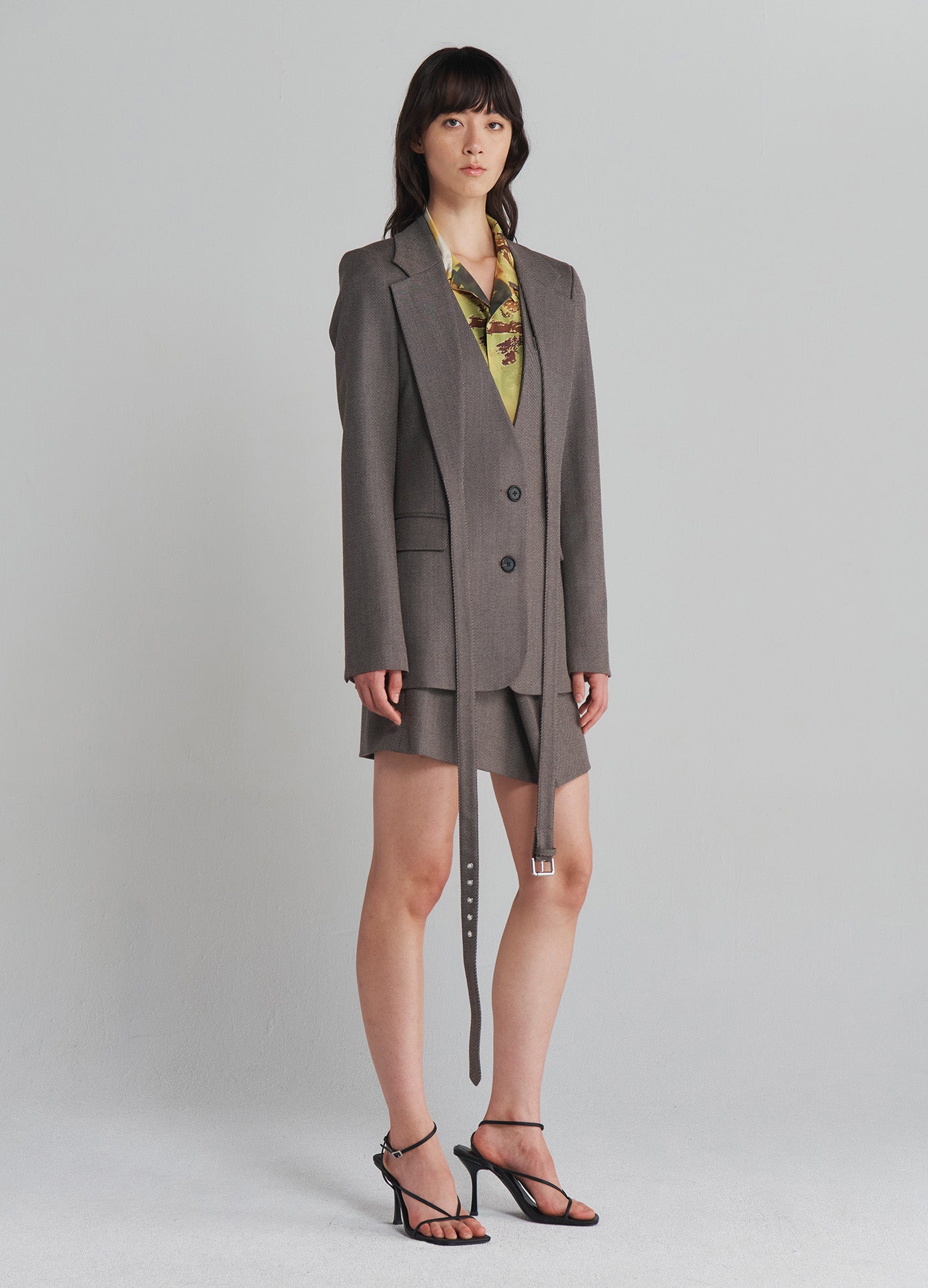 MONSE Criss Cross Front Jacket in Taupe on model full side view