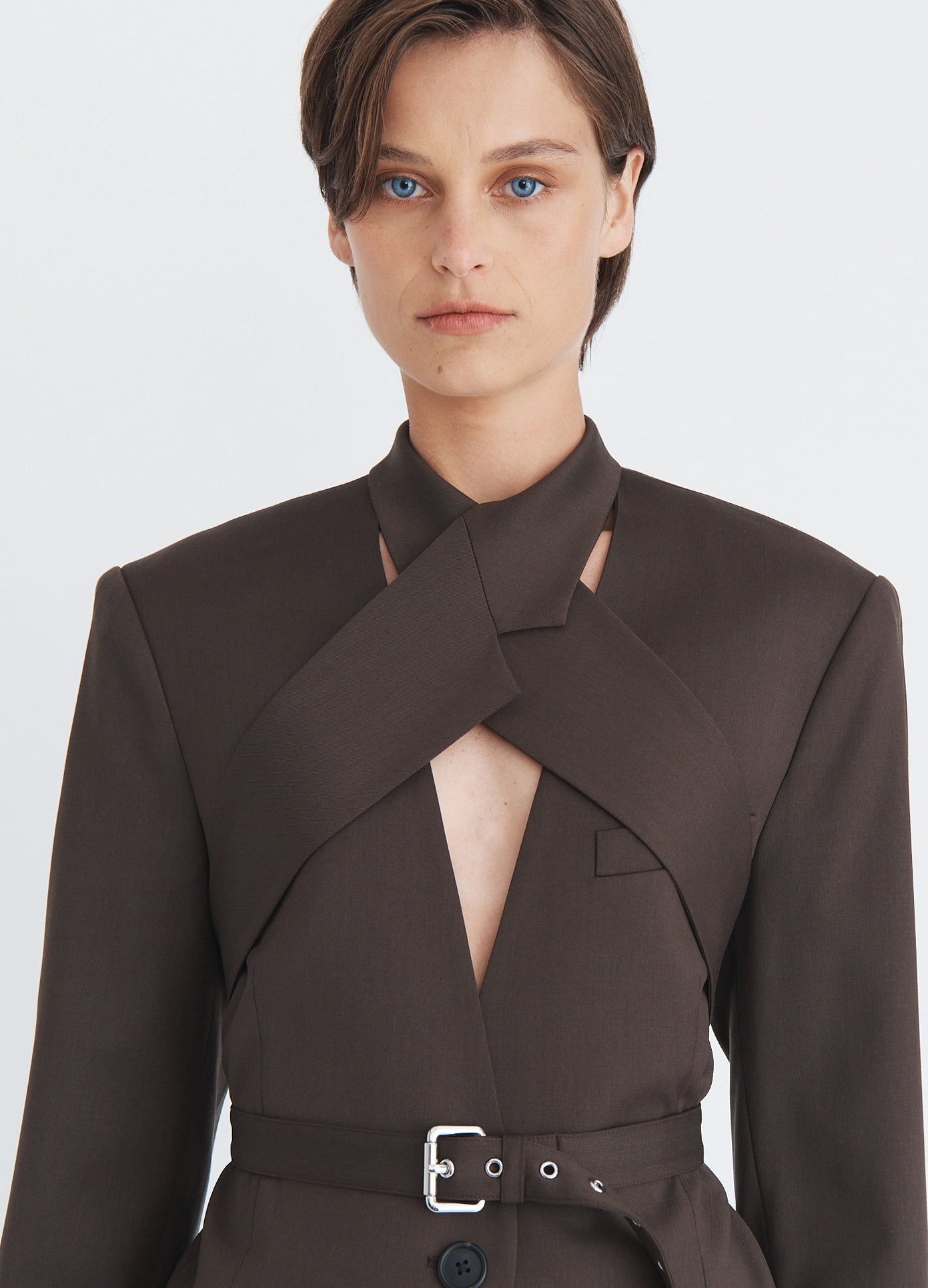 MONSE Criss Cross Jacket in olive brown on model front detail view