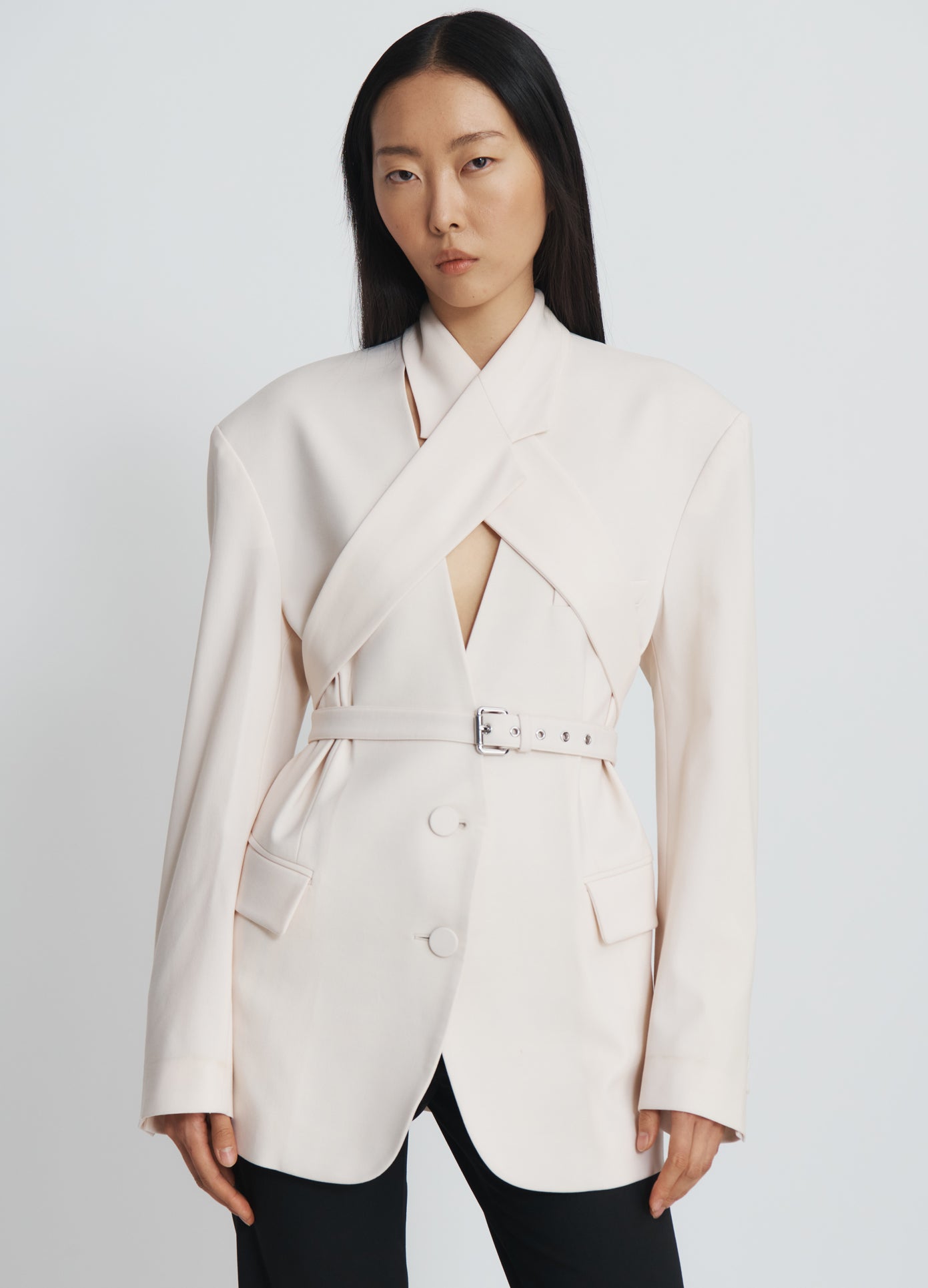 MONSE Criss Cross Jacket in ivory on model front view