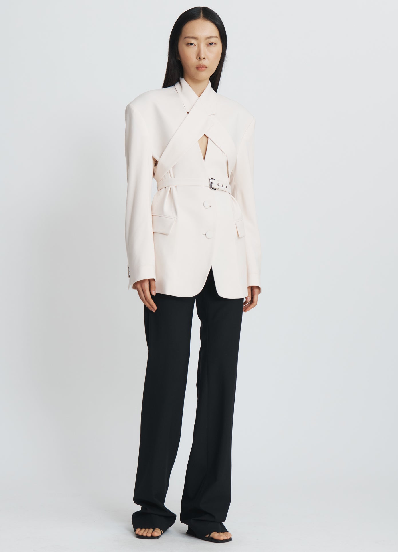 MONSE Criss Cross Jacket in ivory on model full front view