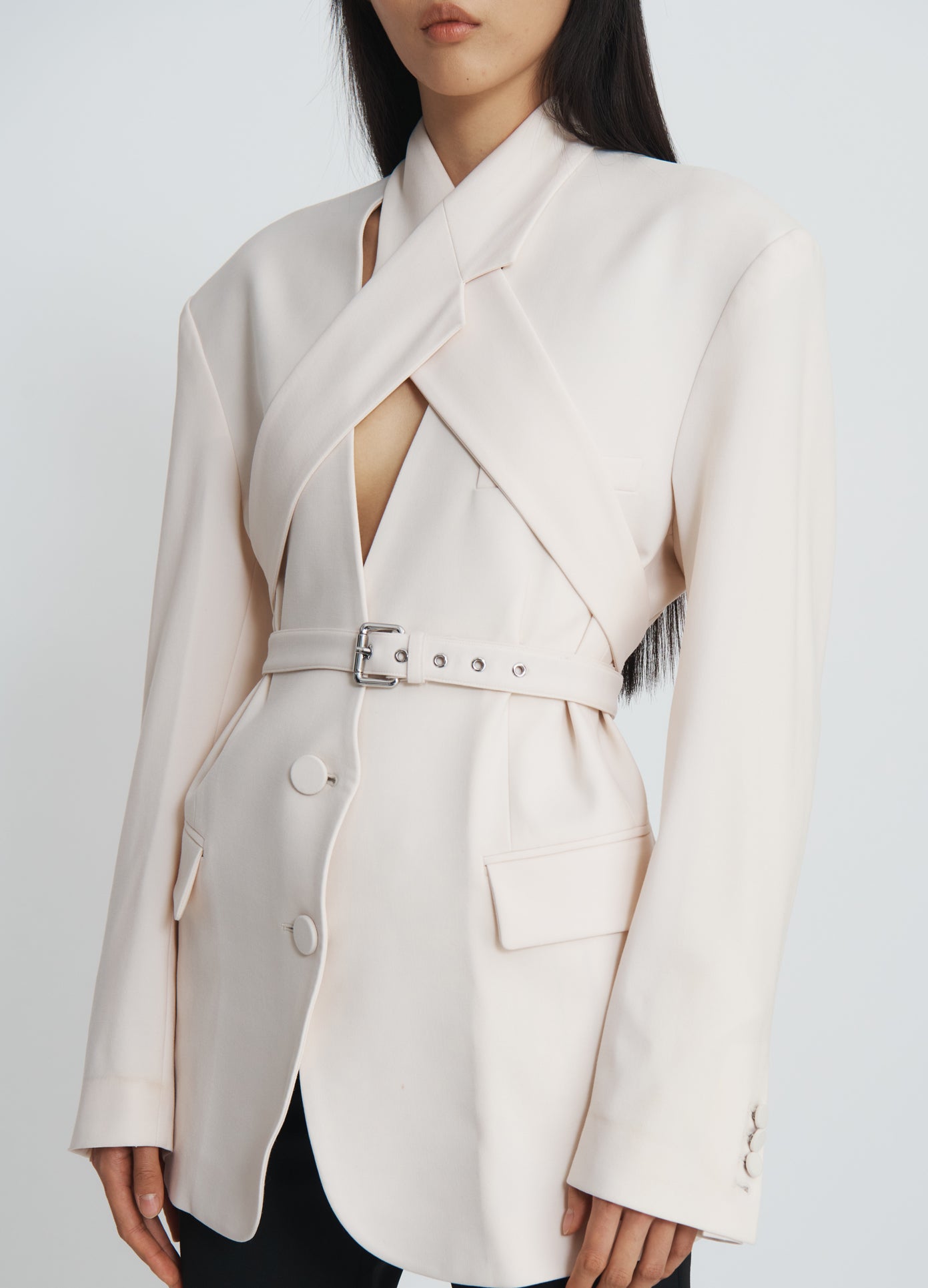 MONSE Criss Cross Jacket in ivory on model top detail view