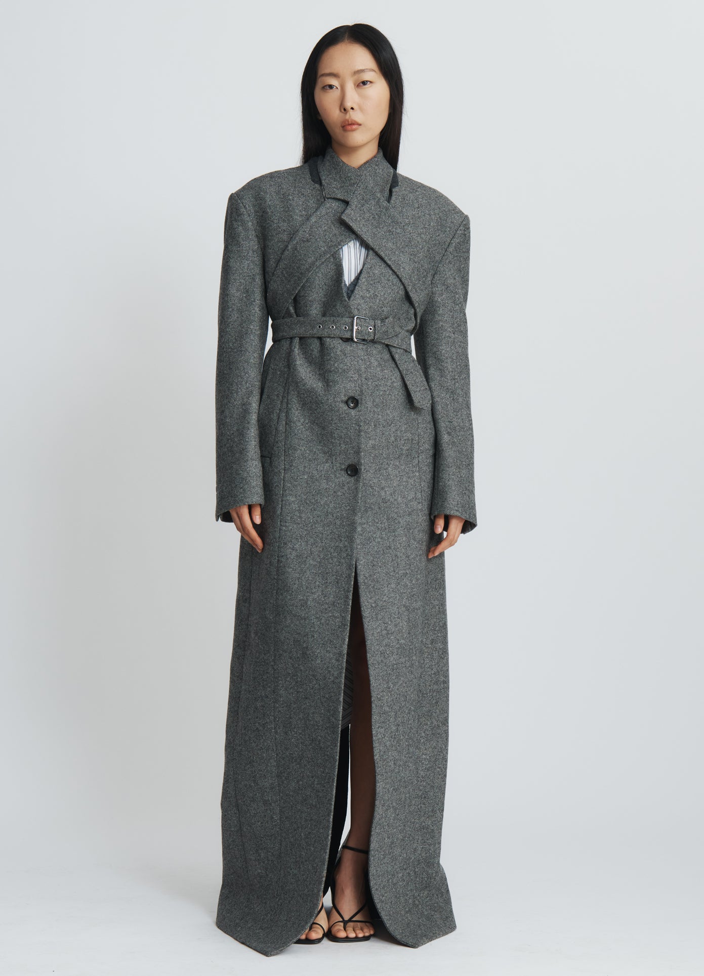 MONSE Criss Cross Lapel Coat in charcoal buttoned up on model full front view