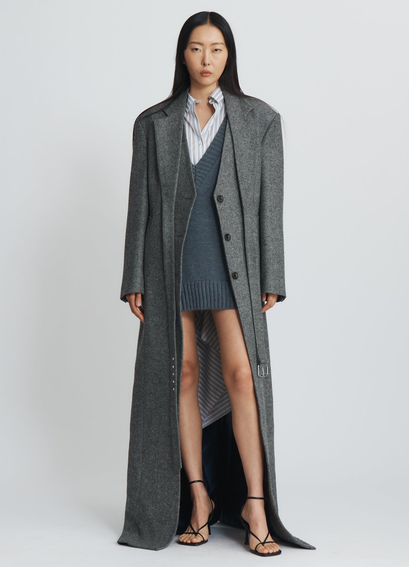 MONSE Criss Cross Lapel Coat in charcoal on model full front view