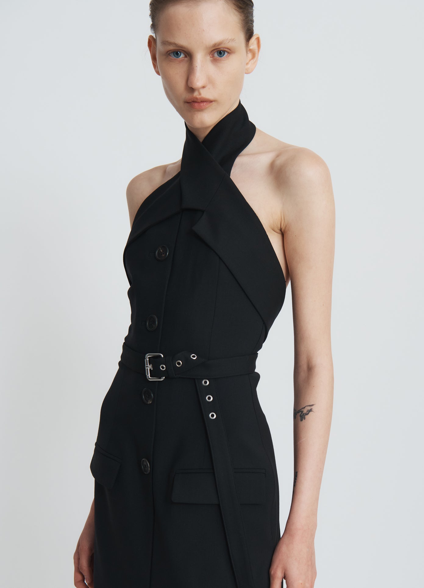 MONSE Criss Cross Tailored Dress in black on model front view