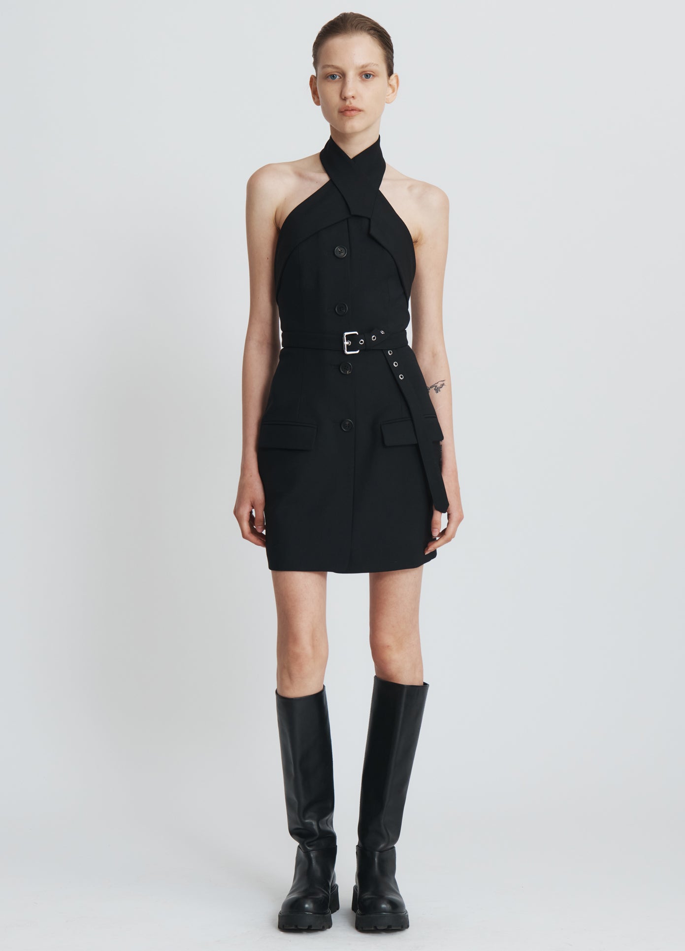 MONSE Criss Cross Tailored Dress in black on model full front view