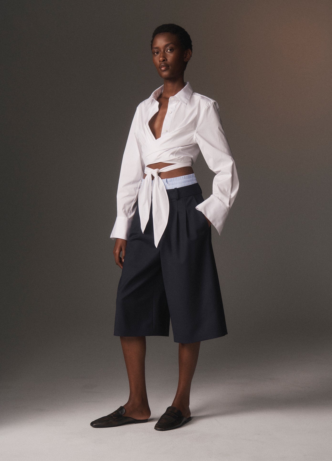 MONSE Criss Cross Tie Shirt in white on model lookbook image