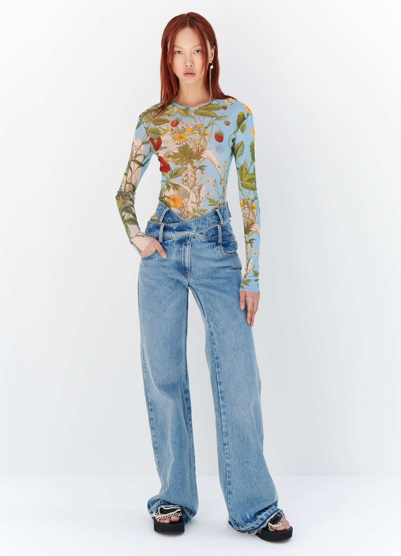 MONSE Criss Cross Waist Jeans in Indigo on model full front view