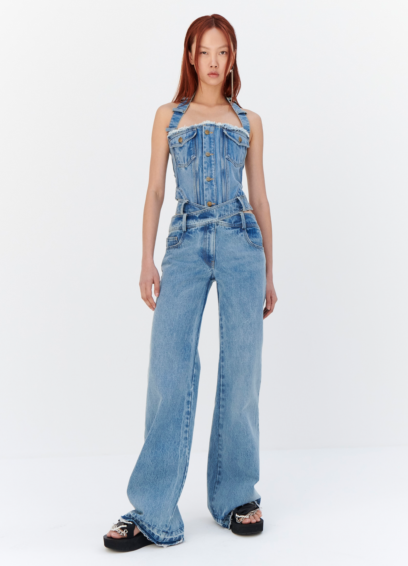 MONSE Criss Cross Waist Jeans in Indigo on model with denim halter full front view