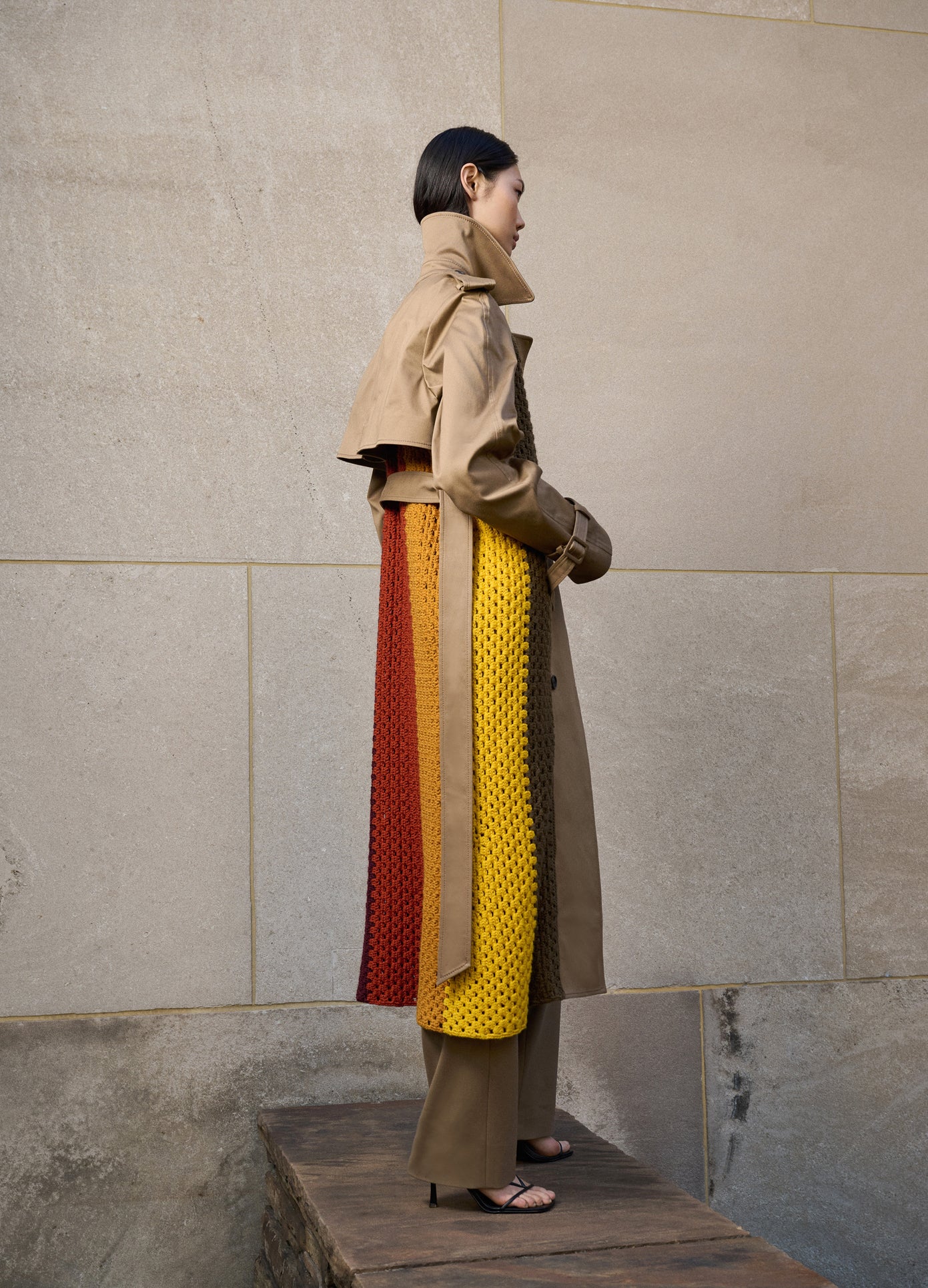 MONSE Crochet Combo Trench Coat in Dark Khaki on model editorial image