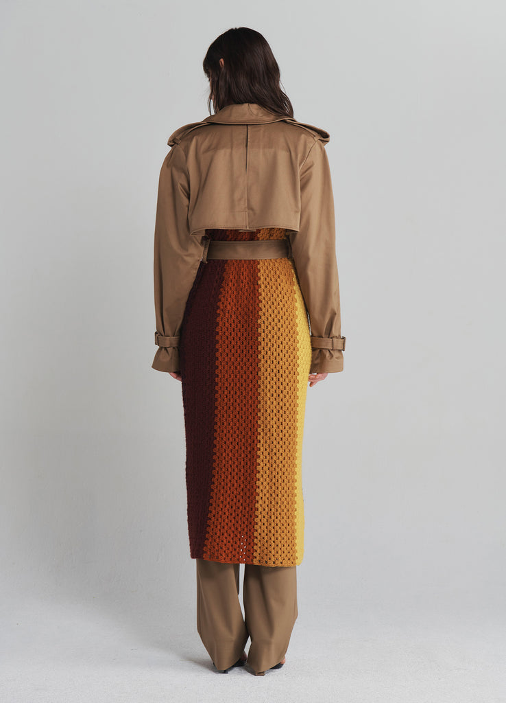 コート GROVE BENIK TRENCH COAT (MOCHA) Crochet Combo Trench Coat in Dark Khaki With Waist Belt