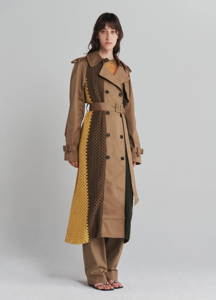 Crochet Combo Trench Coat in Dark Khaki With Waist Belt