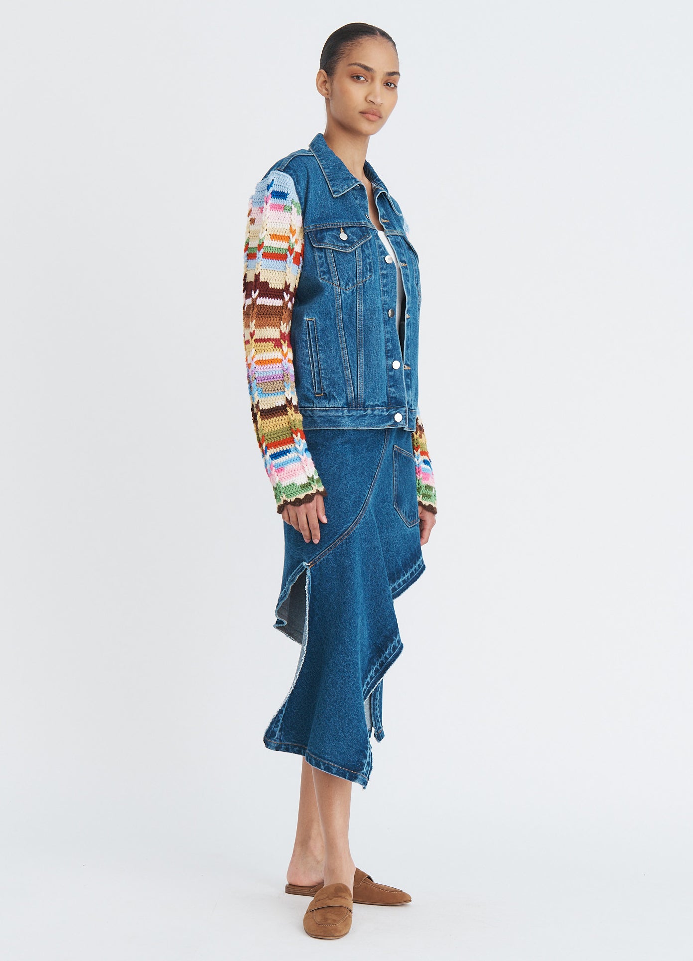 MONSE Crochet Sleeves Denim Jacket in indigo on model full front view