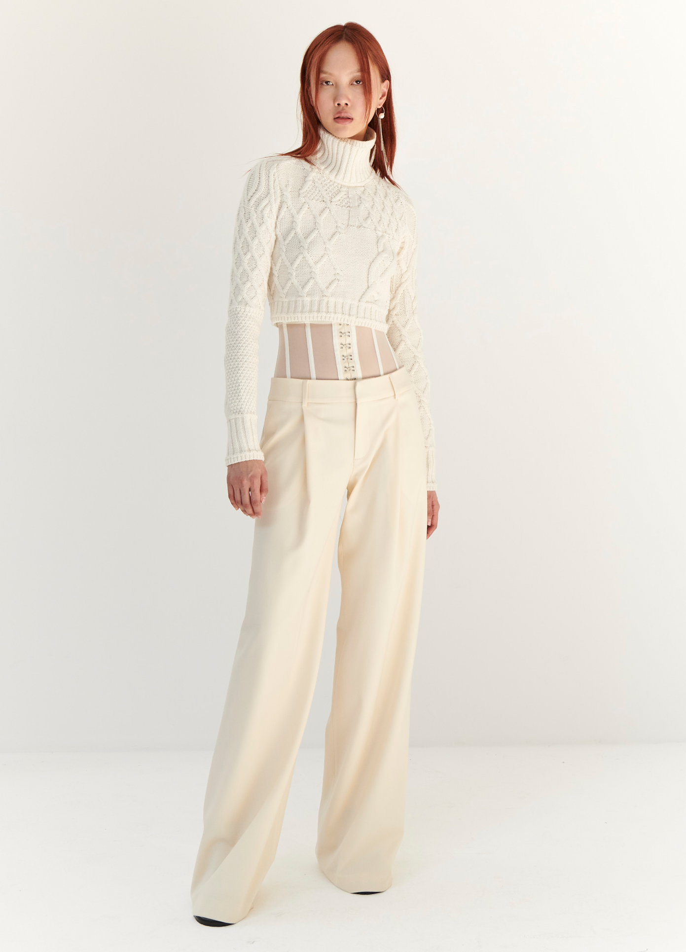 MONSE Cropped Cable Sweater in Ivory on model full front view