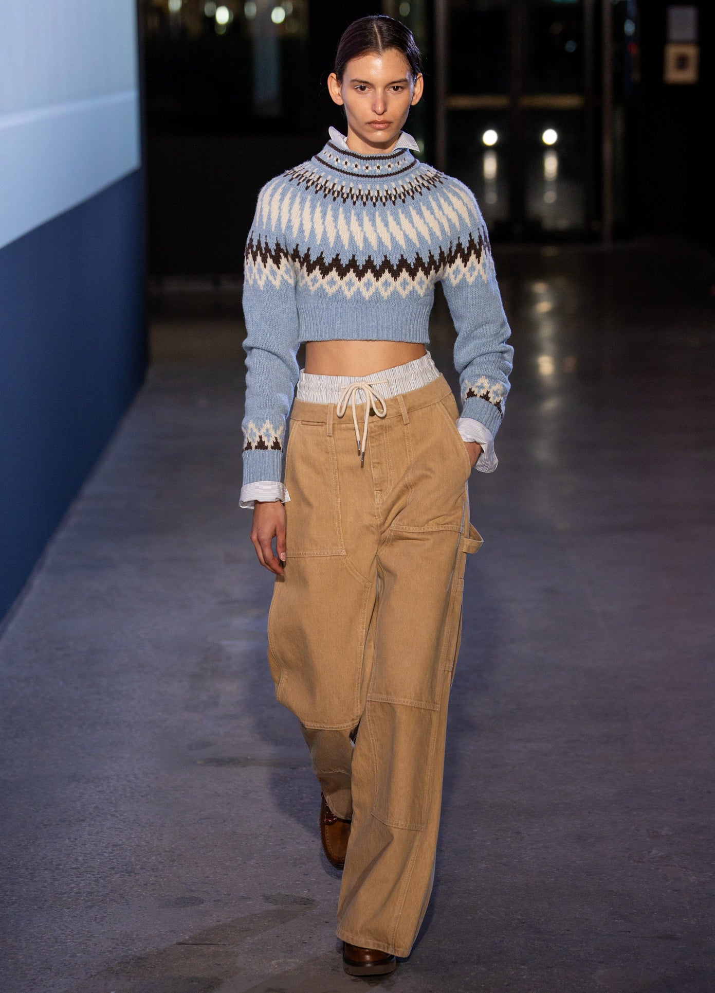 MONSE Cropped Faire Isle Knit in sky blue multi on model walking runway