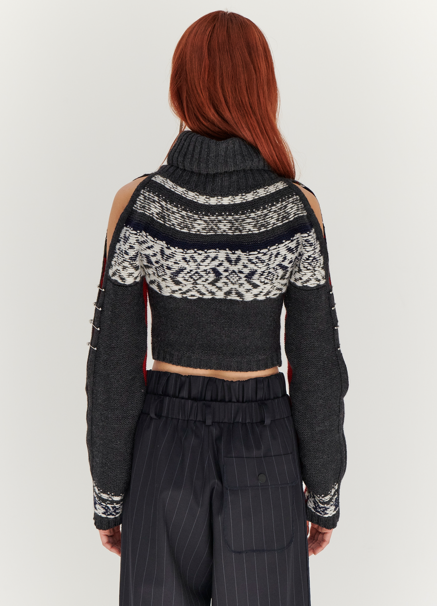 MONSE Cropped Fairisle Turtleneck Sweater  in Red and Charcoal on model back view