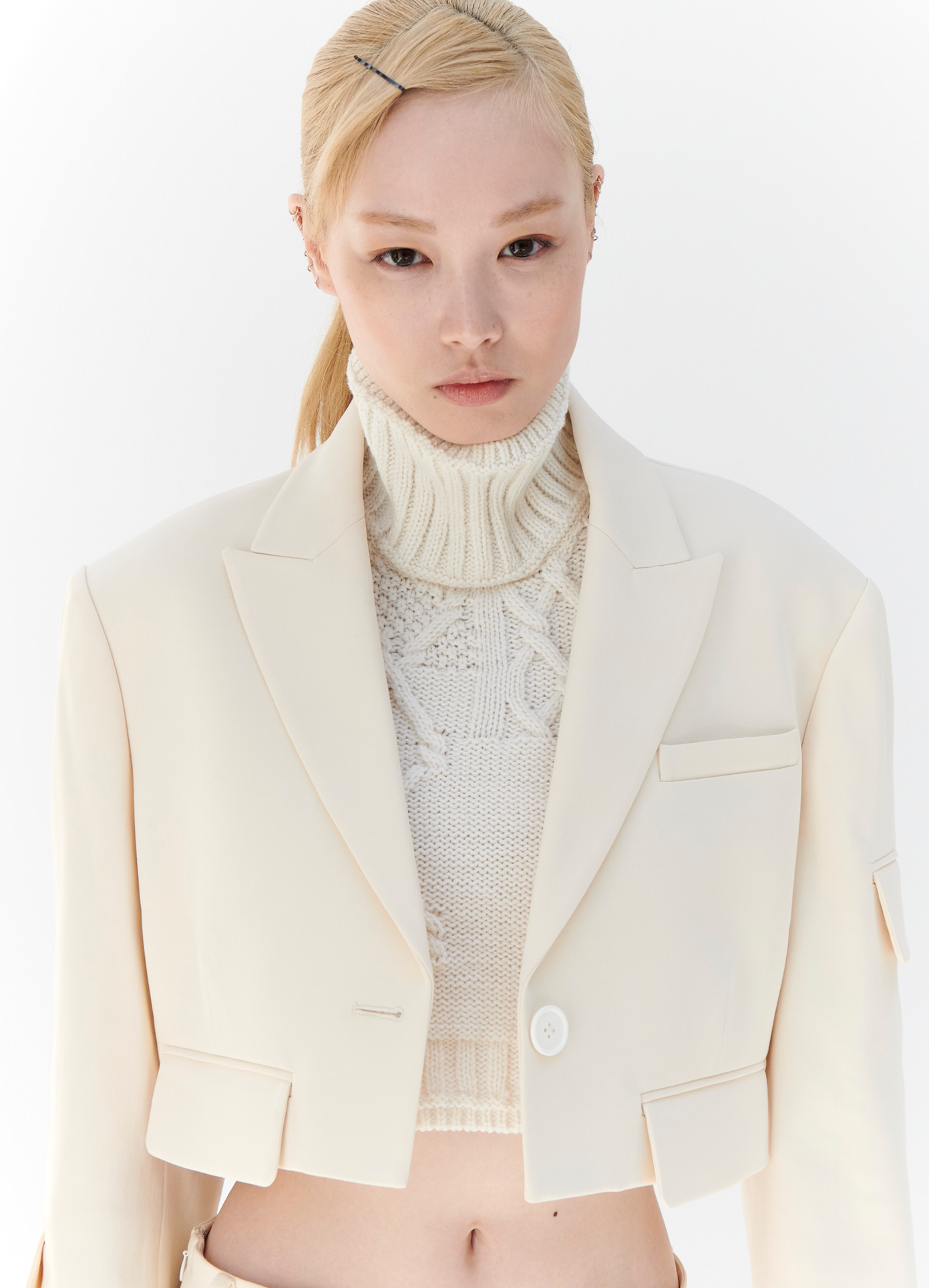 MONSE Cropped Jacket in Ivory on model front detail view