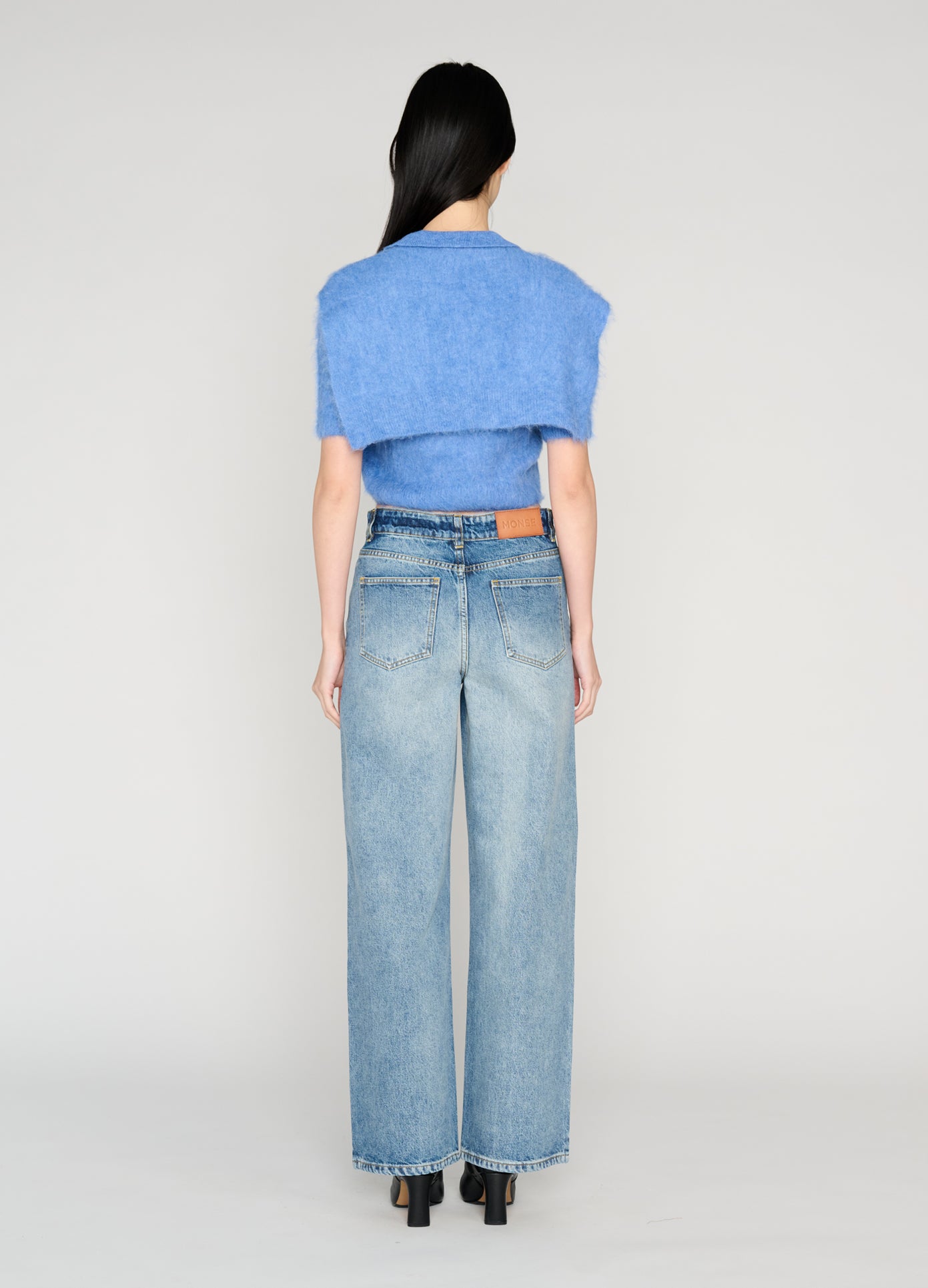 MONSE Cropped Polo Knit With Scarf in blue on model full back view