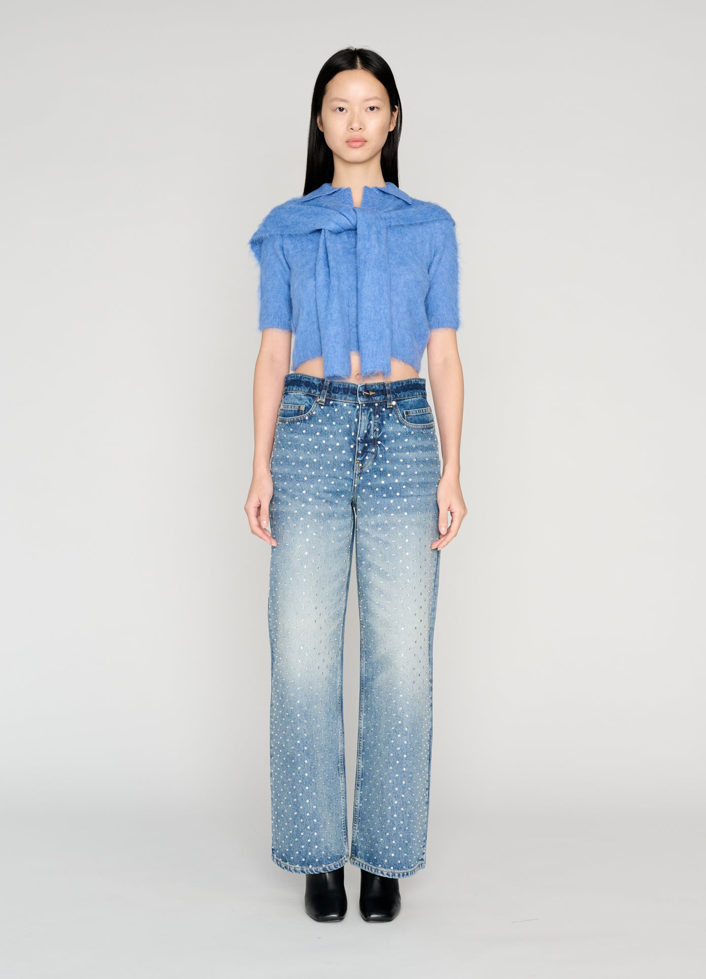 MONSE Cropped Polo Knit With Scarf in blue on model full front view