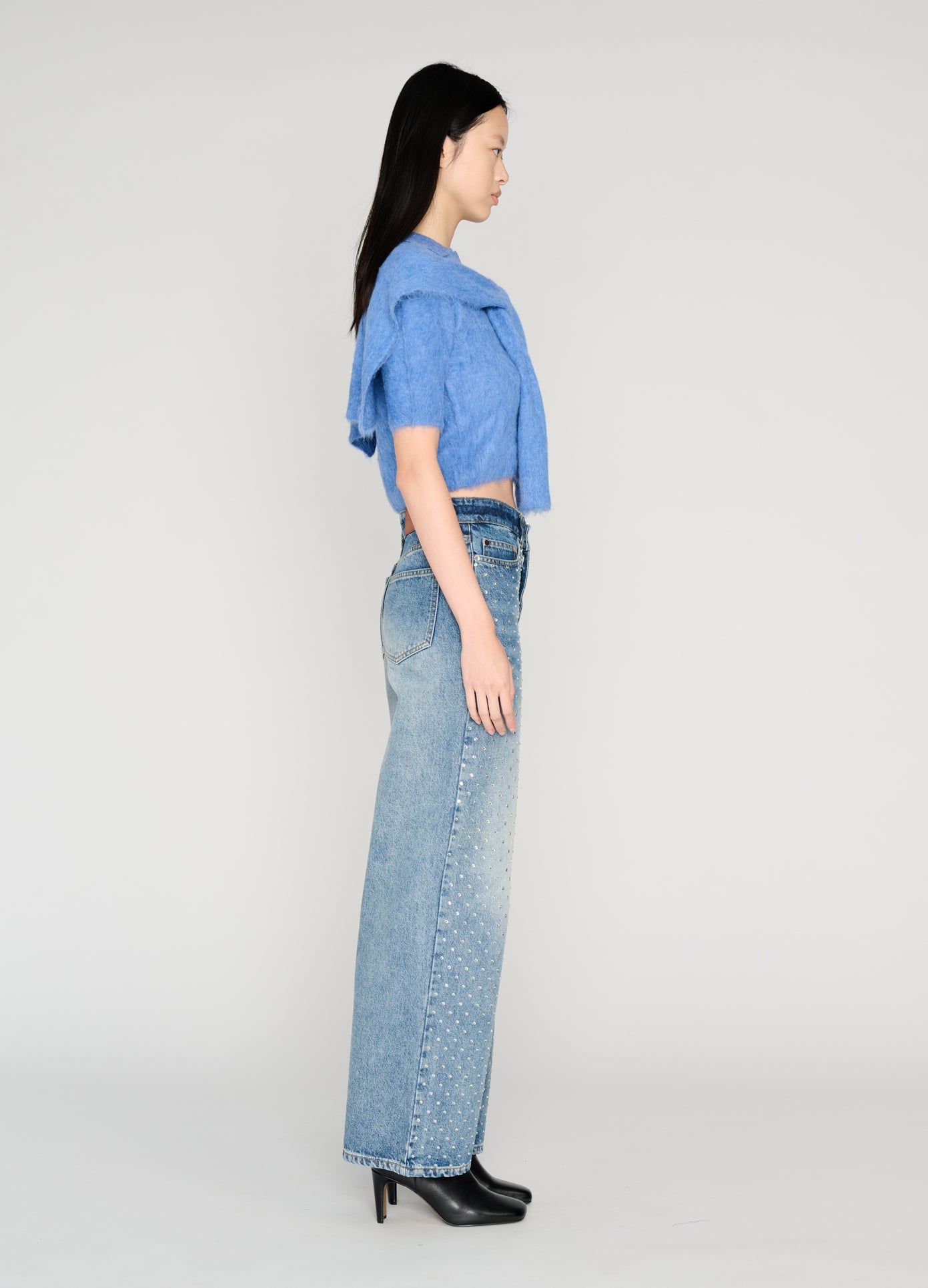 MONSE Cropped Polo Knit With Scarf in blue on model full side view