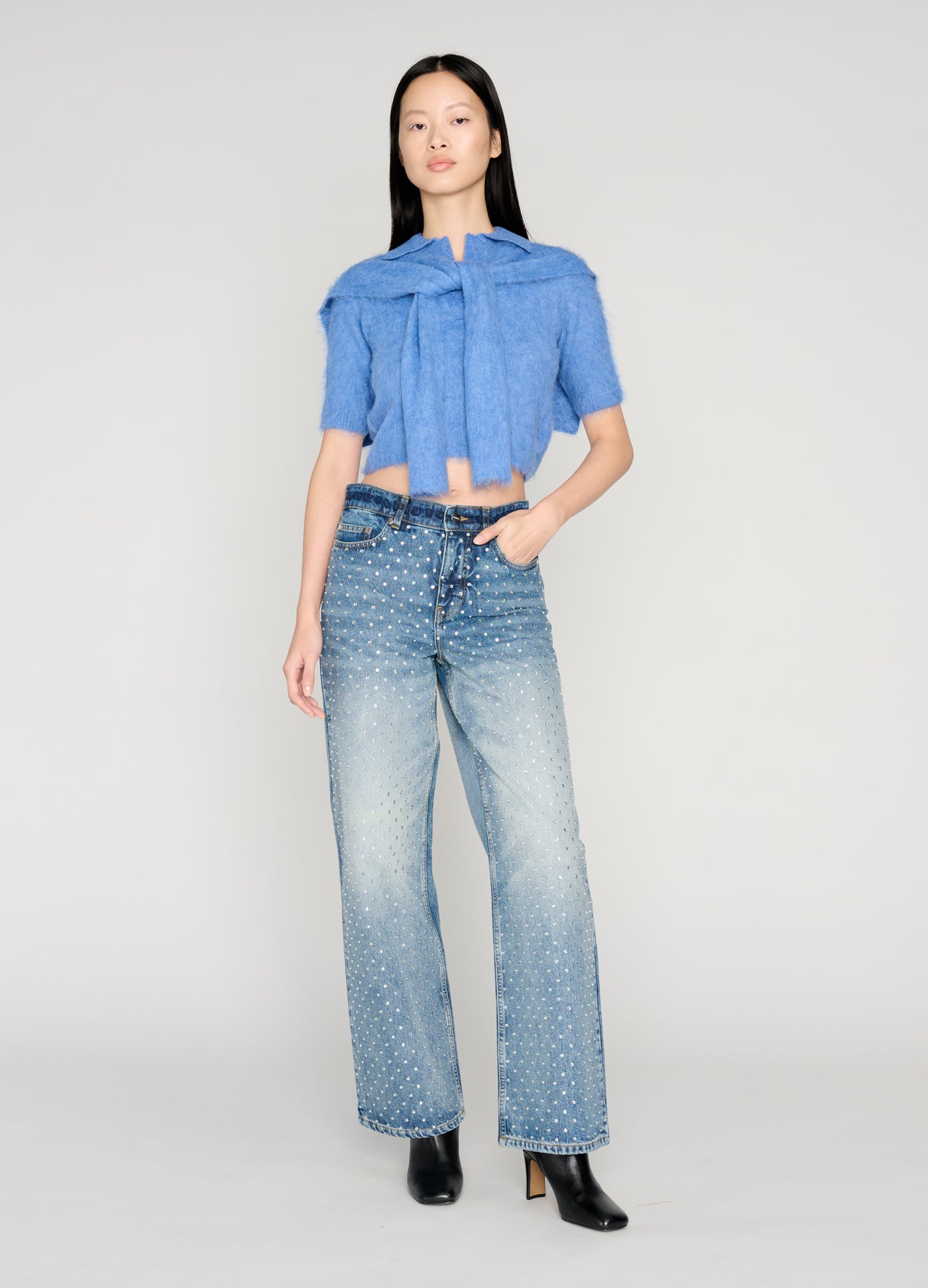 MONSE Cropped Polo Knit With Scarf in blue on model style full front view