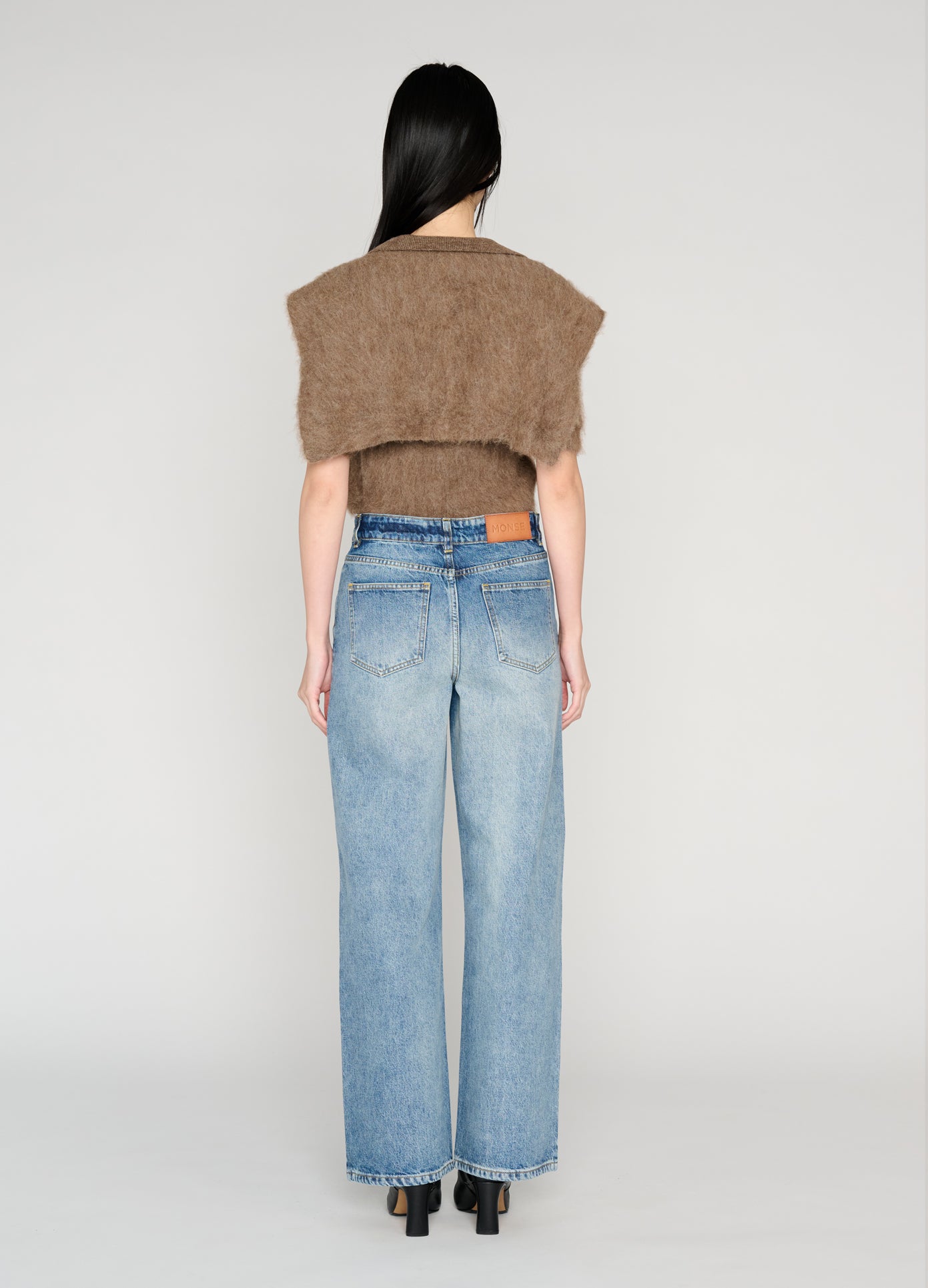 MONSE Cropped Polo Knit With Scarf in brown on model full back view
