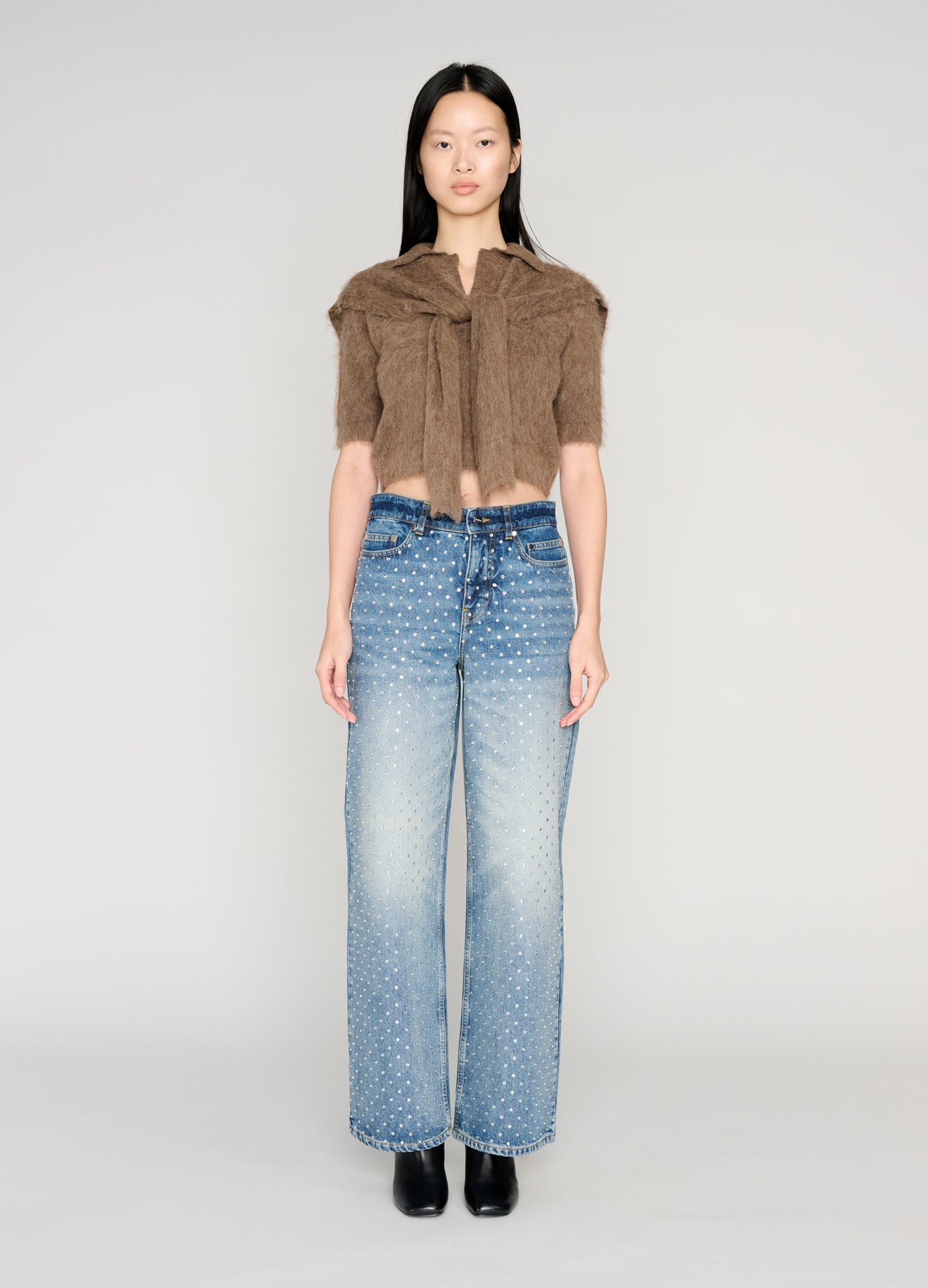 MONSE Cropped Polo Knit With Scarf in brown on model full front view