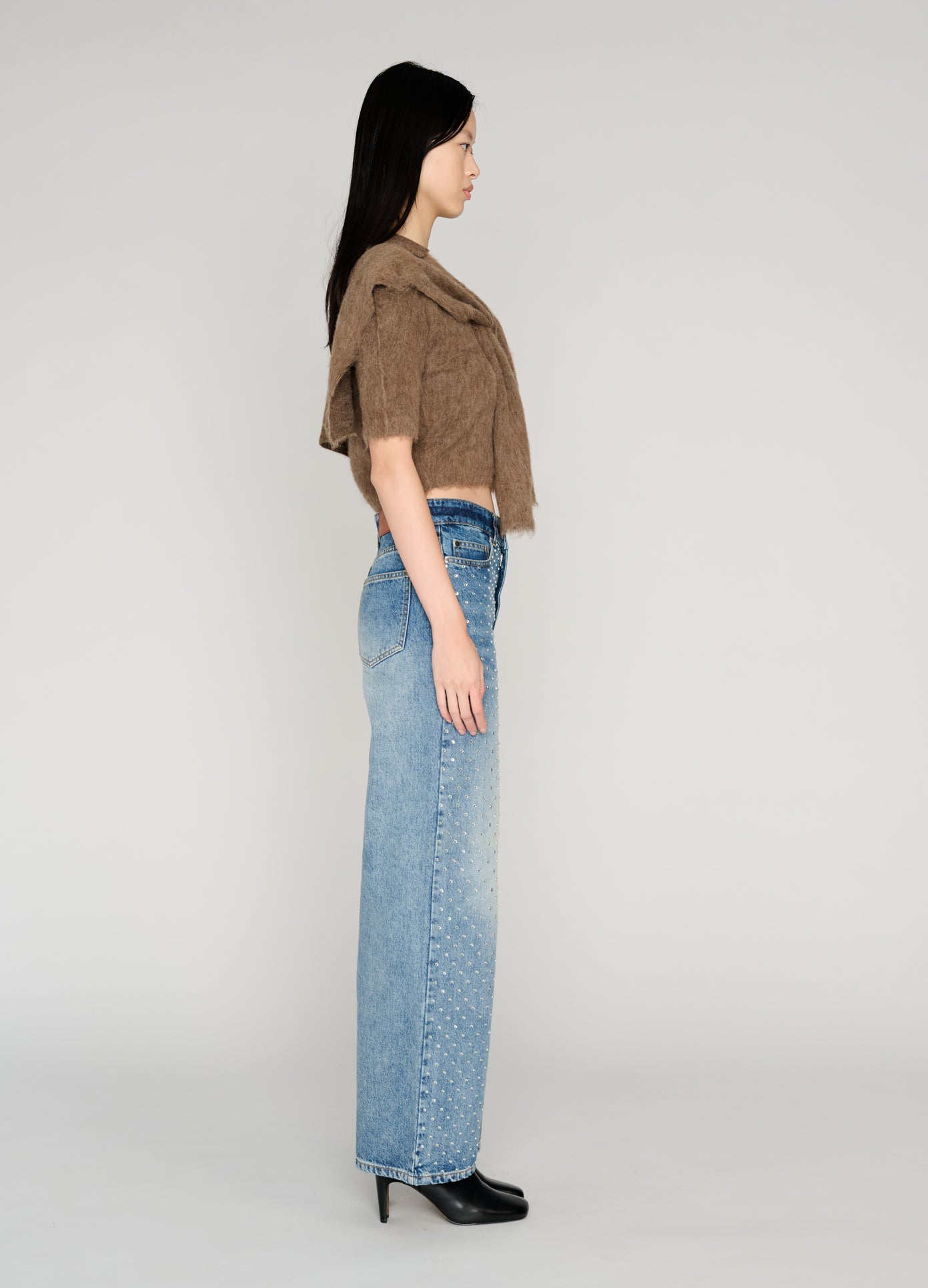 MONSE Cropped Polo Knit With Scarf in brown on model full side view